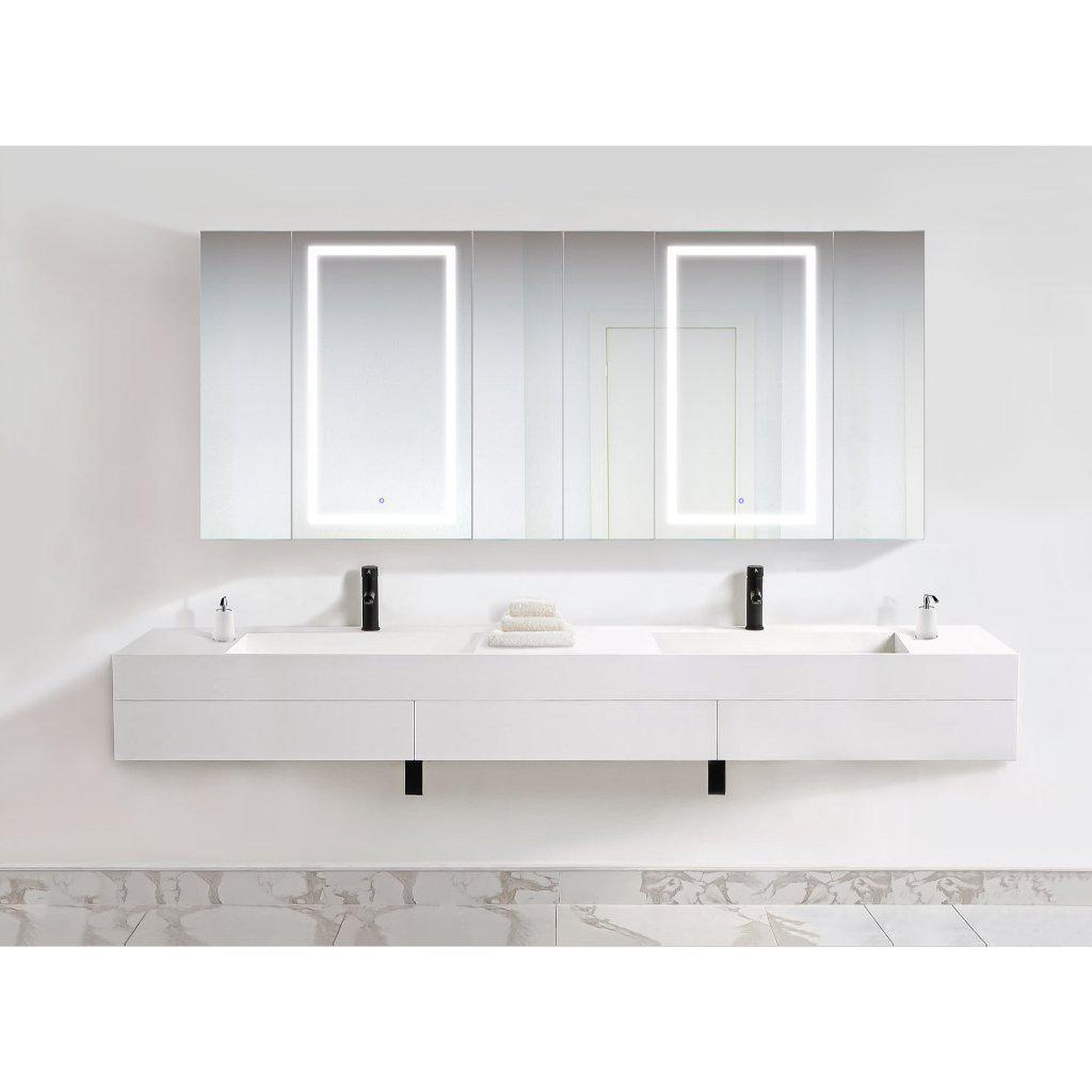 Krugg Reflections Svange 96" x 42" 5000K Double Hexa-View Left-Left-Left-Right-Right-Right Opening Recessed/Surface-Mount Illuminated Silver Backed LED Medicine Cabinet Mirror With Built-in Defogger, Dimmer and Electrical Outlet