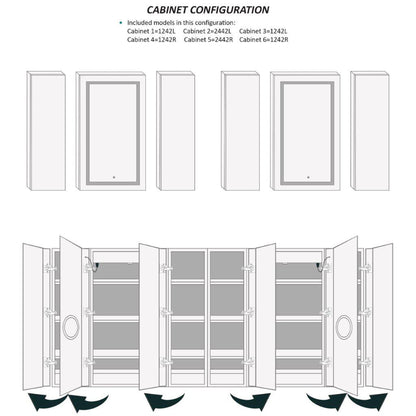 Krugg Reflections Svange 96" x 42" 5000K Double Hexa-View Left-Left-Left-Right-Right-Right Opening Recessed/Surface-Mount Illuminated Silver Backed LED Medicine Cabinet Mirror With Built-in Defogger, Dimmer and Electrical Outlet