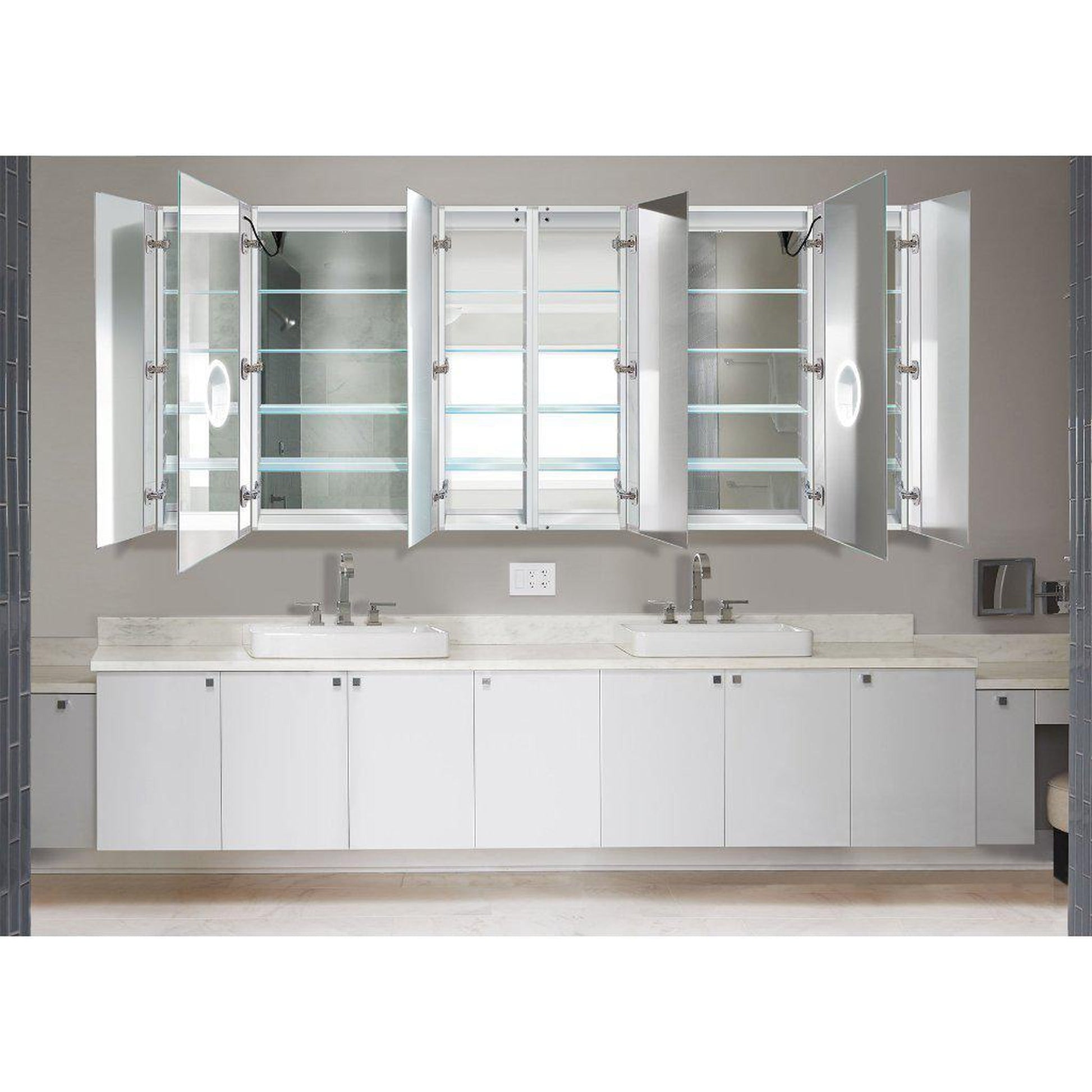 Krugg Reflections Svange 96" x 42" 5000K Double Hexa-View Left-Left-Left-Right-Right-Right Opening Recessed/Surface-Mount Illuminated Silver Backed LED Medicine Cabinet Mirror With Built-in Defogger, Dimmer and Electrical Outlet