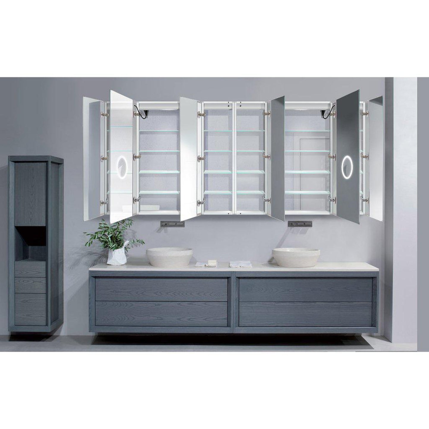 Krugg Reflections Svange 96" x 42" 5000K Double Hexa-View Left-Left-Left-Right-Right-Right Opening Recessed/Surface-Mount Illuminated Silver Backed LED Medicine Cabinet Mirror With Built-in Defogger, Dimmer and Electrical Outlet