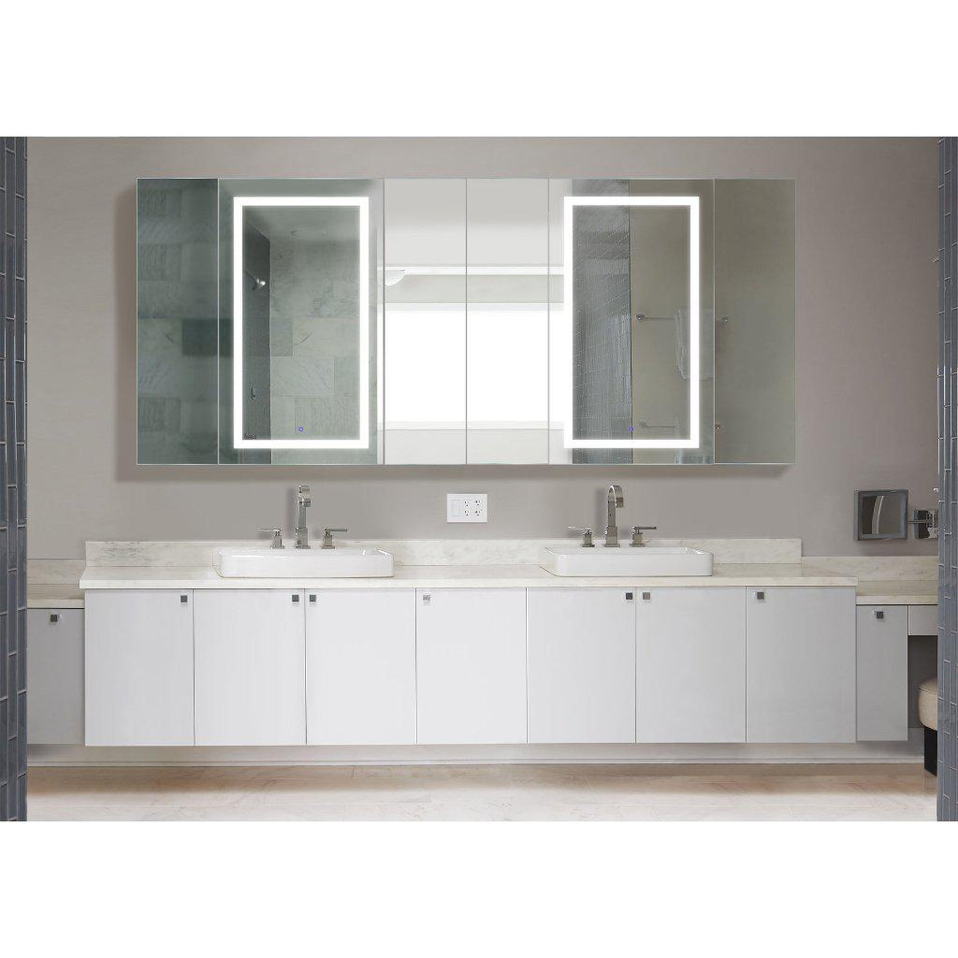 Krugg Reflections Svange 96" x 42" 5000K Double Hexa-View Left-Left-Left-Right-Right-Right Opening Recessed/Surface-Mount Illuminated Silver Backed LED Medicine Cabinet Mirror With Built-in Defogger, Dimmer and Electrical Outlet