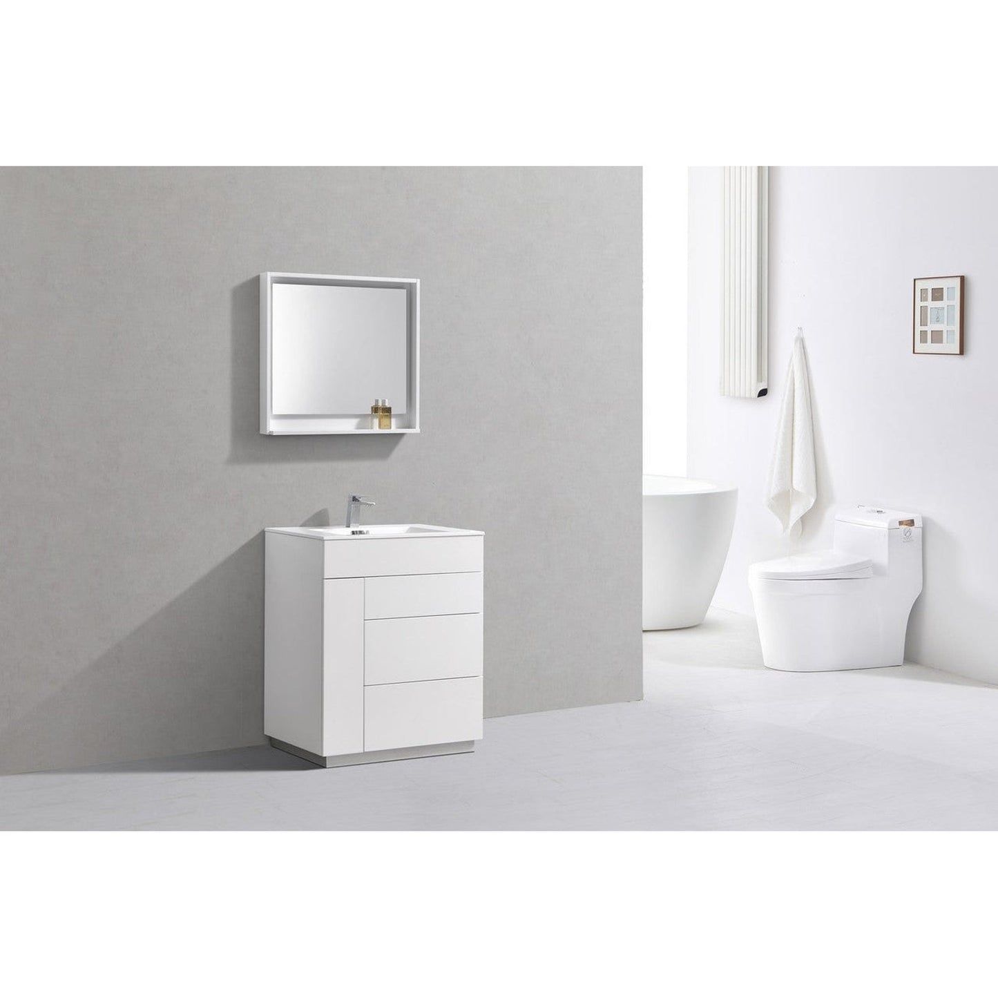 KubeBath Milano 30" High Gloss White Freestanding Modern Bathroom Vanity With Aluminum Kick Plate & Acrylic Composite Integrated Sink With Overflow and 30" White Framed Mirror With Shelf