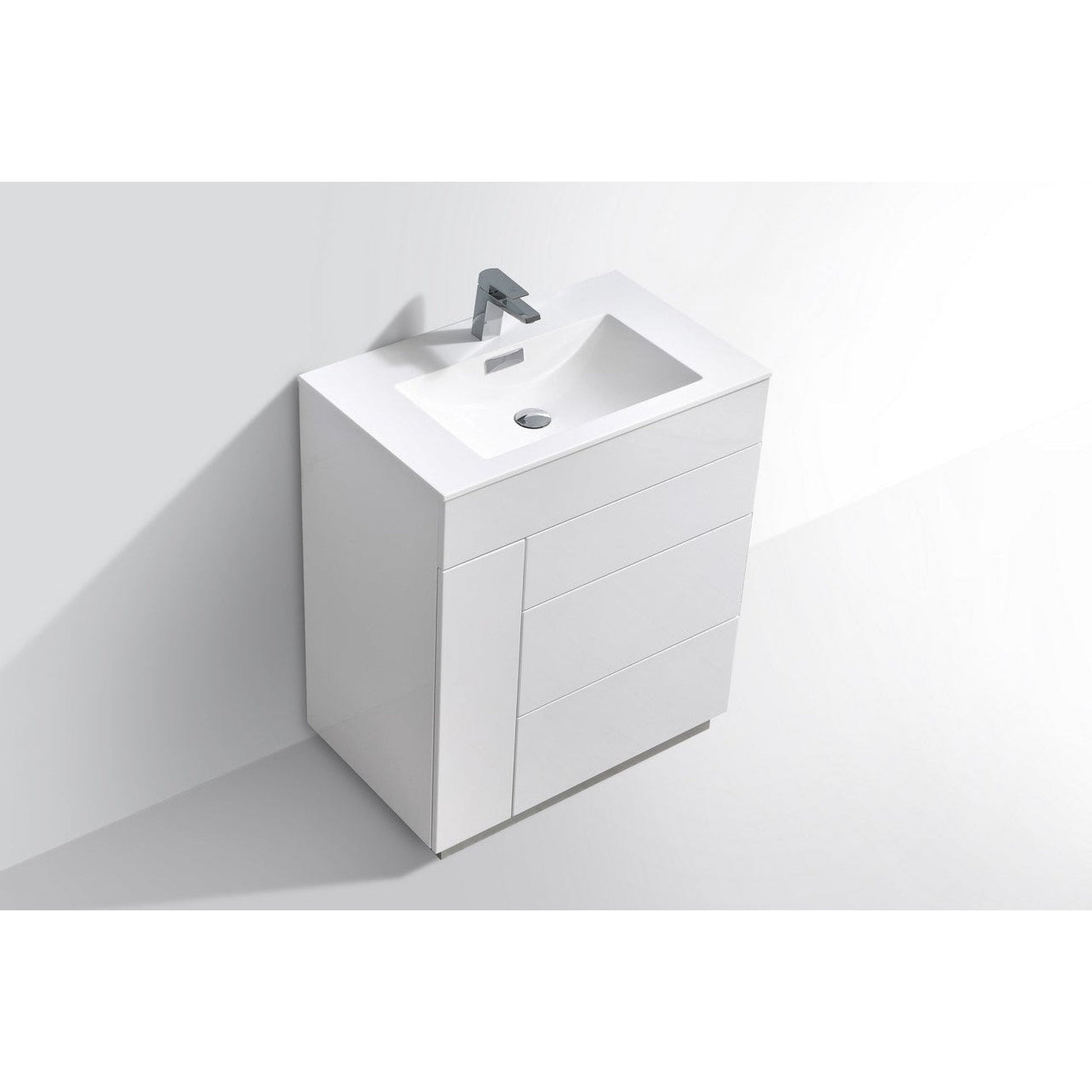 KubeBath Milano 30" High Gloss White Freestanding Modern Bathroom Vanity With Aluminum Kick Plate & Acrylic Composite Integrated Sink With Overflow and 30" White Framed Mirror With Shelf