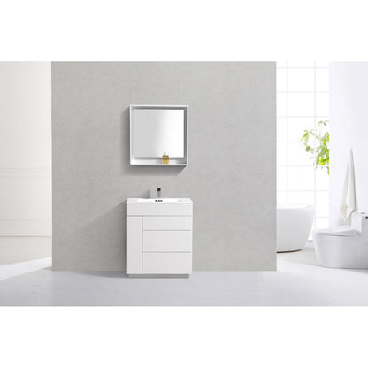 KubeBath Milano 30" High Gloss White Freestanding Modern Bathroom Vanity With Aluminum Kick Plate & Acrylic Composite Integrated Sink With Overflow and 30" White Framed Mirror With Shelf