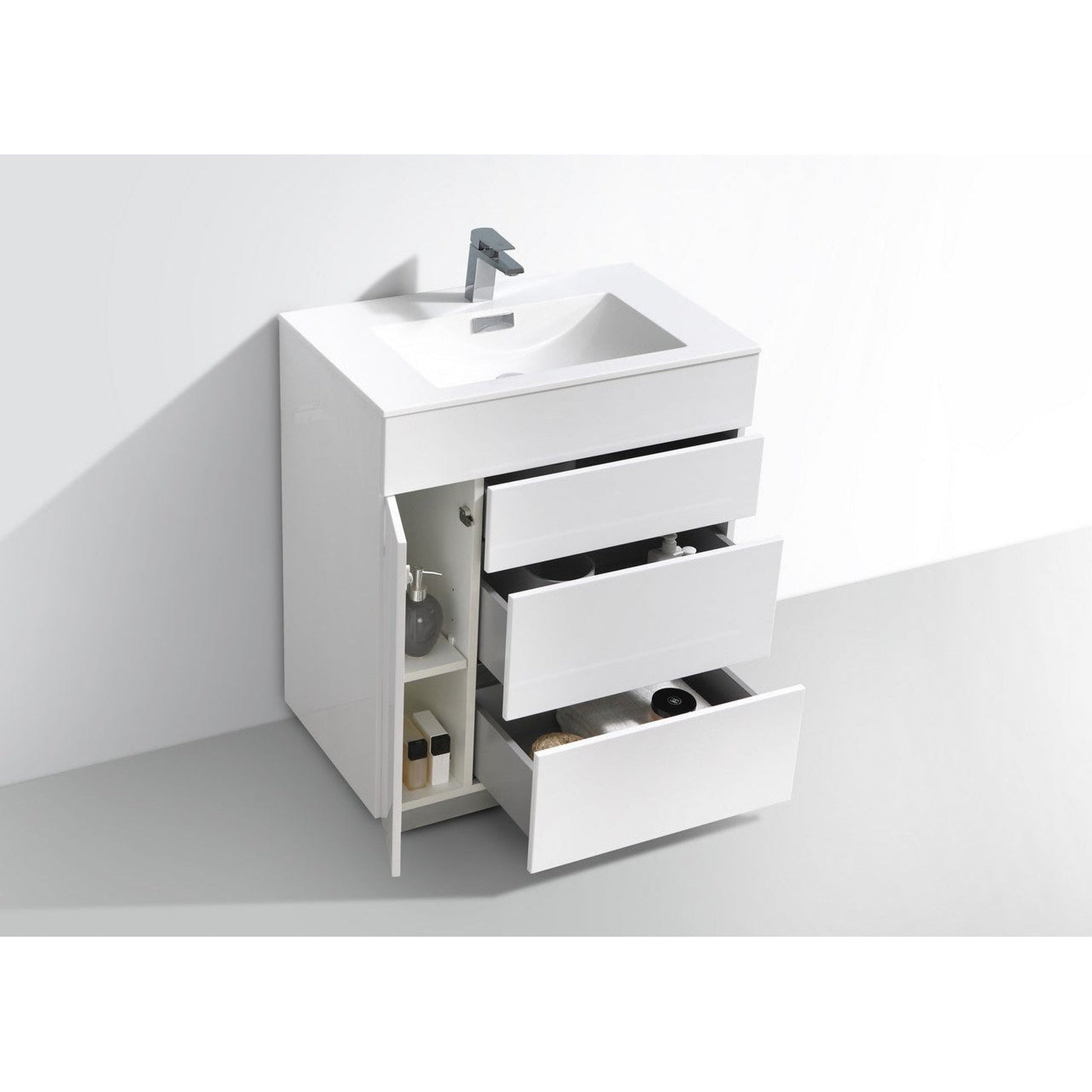 KubeBath Milano 30" High Gloss White Freestanding Modern Bathroom Vanity With Aluminum Kick Plate & Acrylic Composite Integrated Sink With Overflow and 30" White Framed Mirror With Shelf