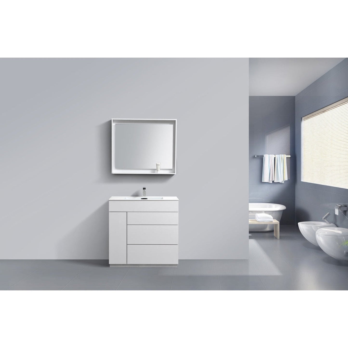 KubeBath Milano 36" High Gloss White Freestanding Modern Bathroom Vanity With Aluminum Kick Plate & Acrylic Composite Integrated Sink With Overflow and 36" White Framed Mirror With Shelf