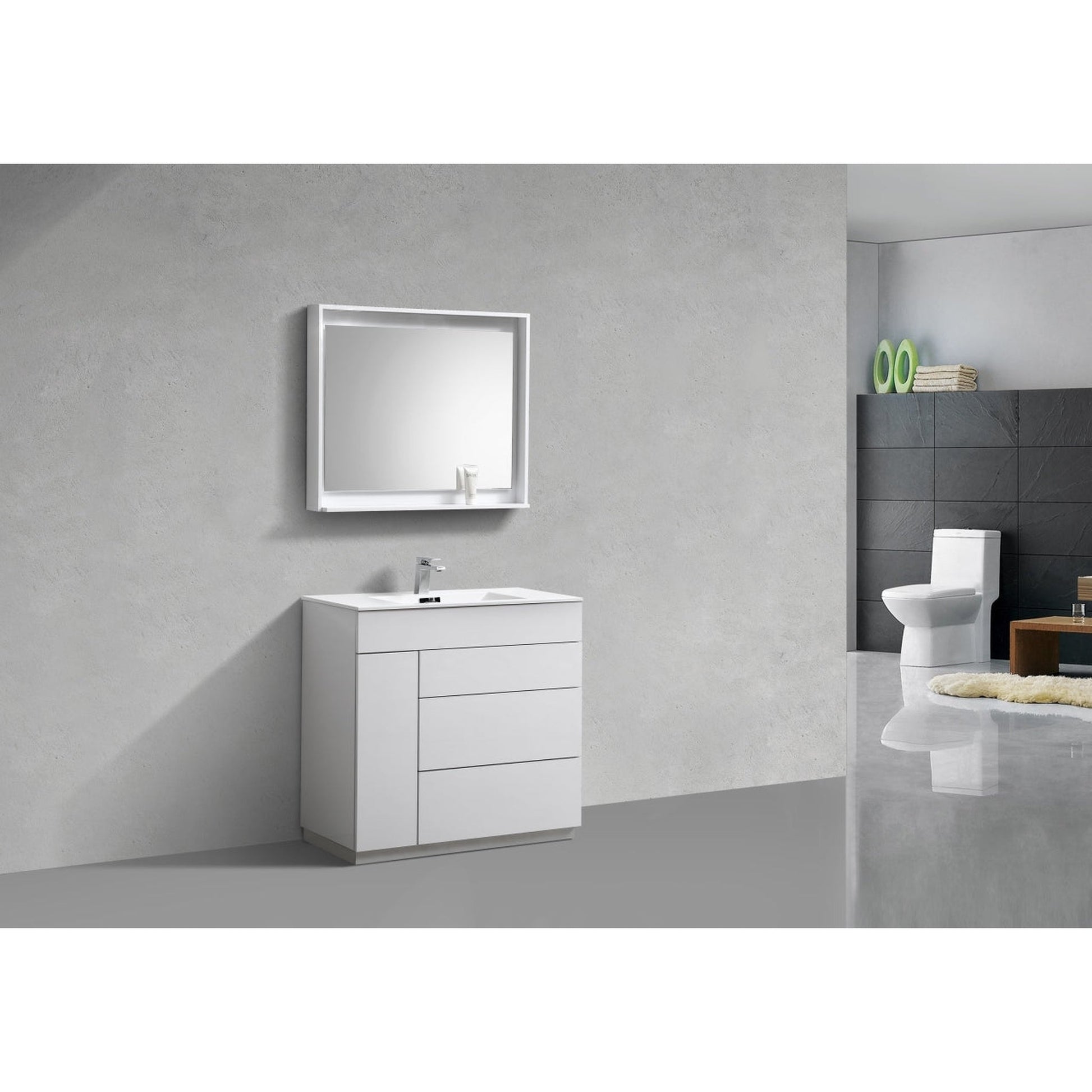 KubeBath Milano 36" High Gloss White Freestanding Modern Bathroom Vanity With Aluminum Kick Plate & Acrylic Composite Integrated Sink With Overflow and 36" White Framed Mirror With Shelf