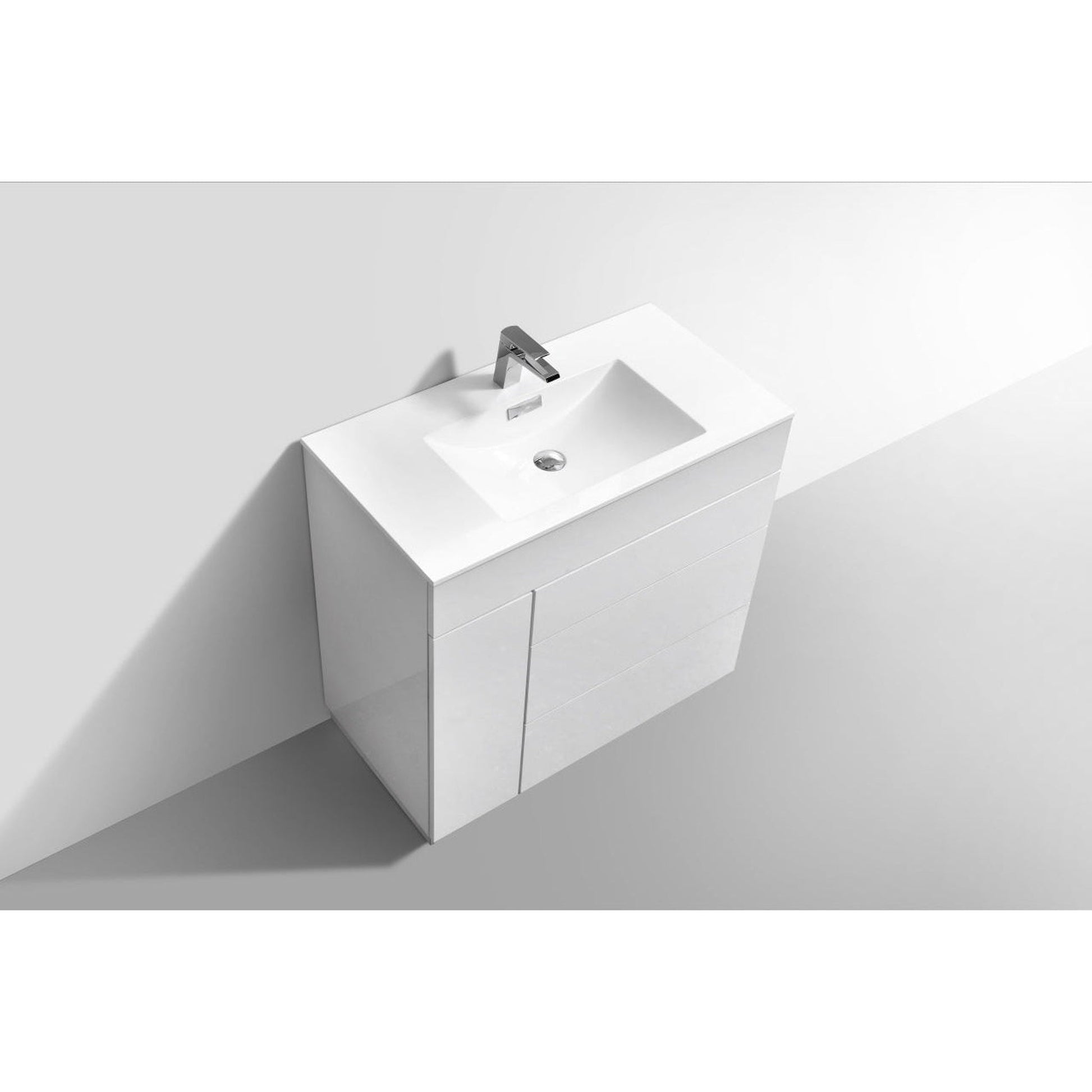 KubeBath Milano 36" High Gloss White Freestanding Modern Bathroom Vanity With Aluminum Kick Plate & Acrylic Composite Integrated Sink With Overflow and 36" White Framed Mirror With Shelf