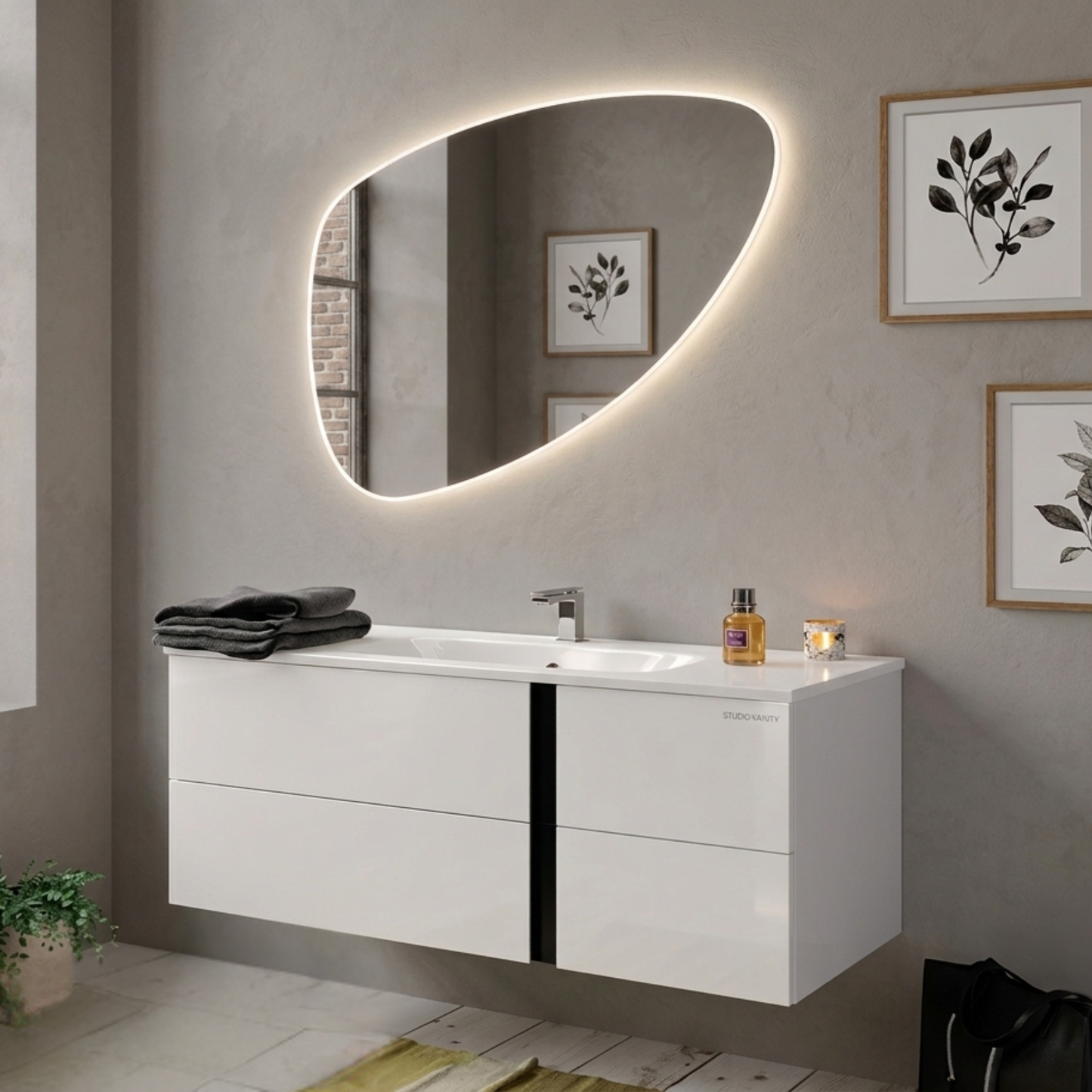LaToscana 39" Vertical Satin Brushed White Elm Melamine Bathroom Vanity With Integrated Cast Marble Sink and EMUCA Soft-Close Drawers