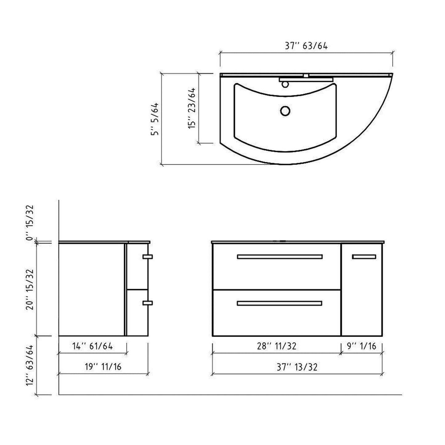 LaToscana Ameno 38" Black Wall-Mounted Vanity Set With Right Rounded Cabinet