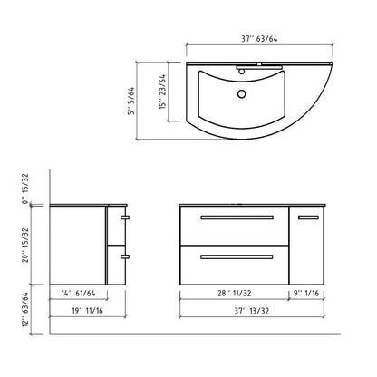 LaToscana Ameno 38" Black Wall-Mounted Vanity Set With Right Rounded Cabinet