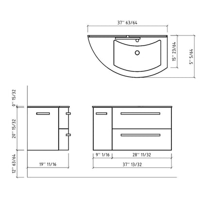 LaToscana Ameno 38" Red Wall-Mounted Vanity Set With Left Rounded Cabinet