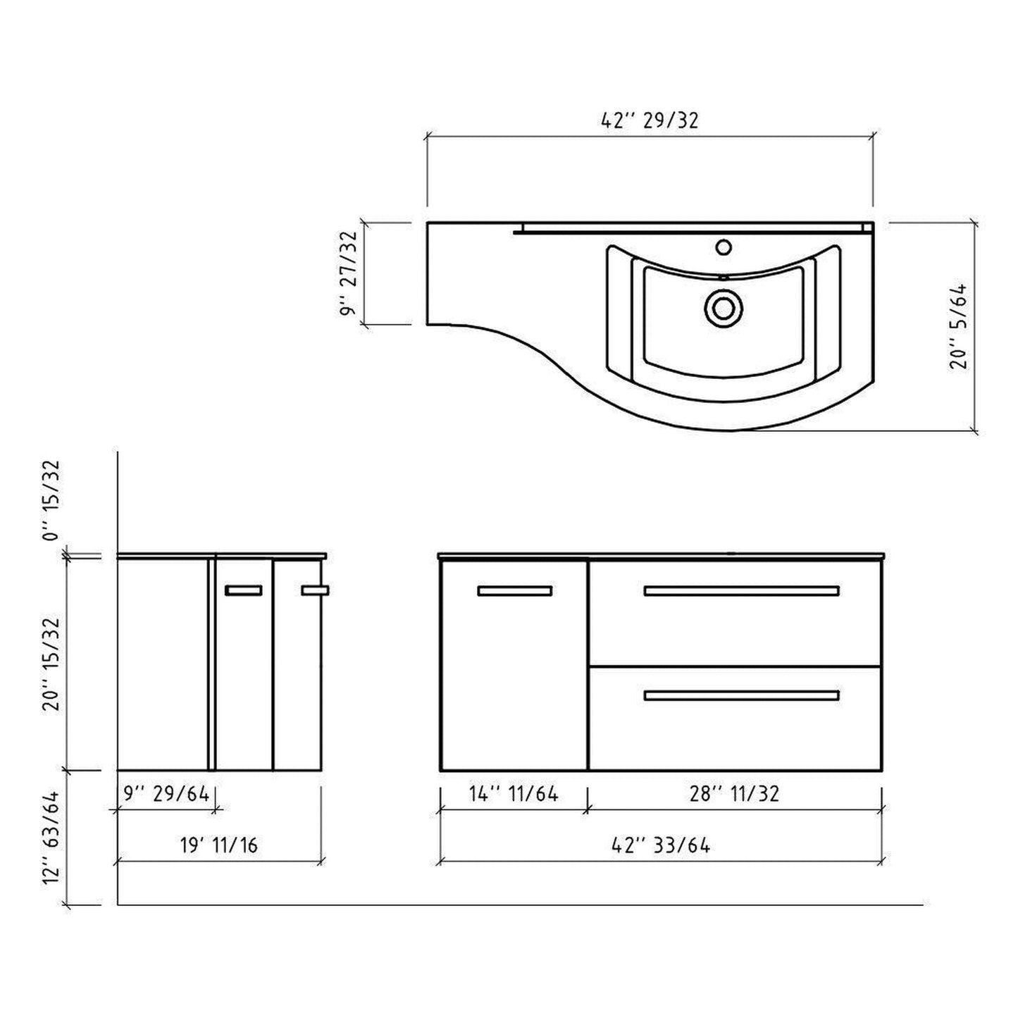 LaToscana Ameno 43" Black Wall-Mounted Vanity Set With Left Concave Cabinet