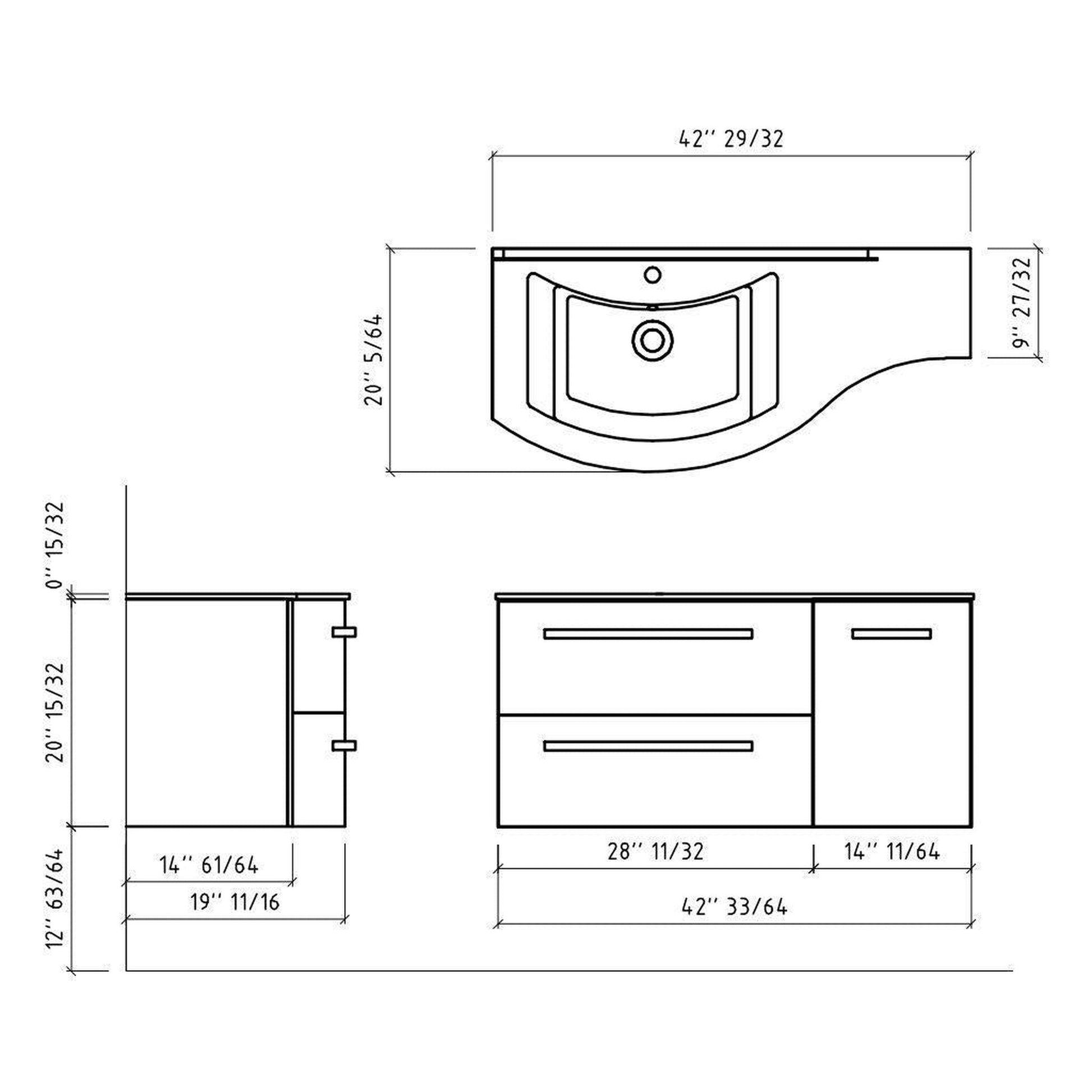 LaToscana Ameno 43" Gray Wall-Mounted Vanity Set With Right Concave Cabinet