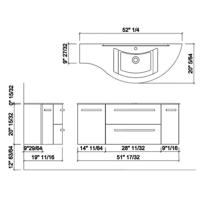 LaToscana Ameno 52" Sand Wall-Mounted Vanity Set With Right Rounded & Left Concave Cabinets