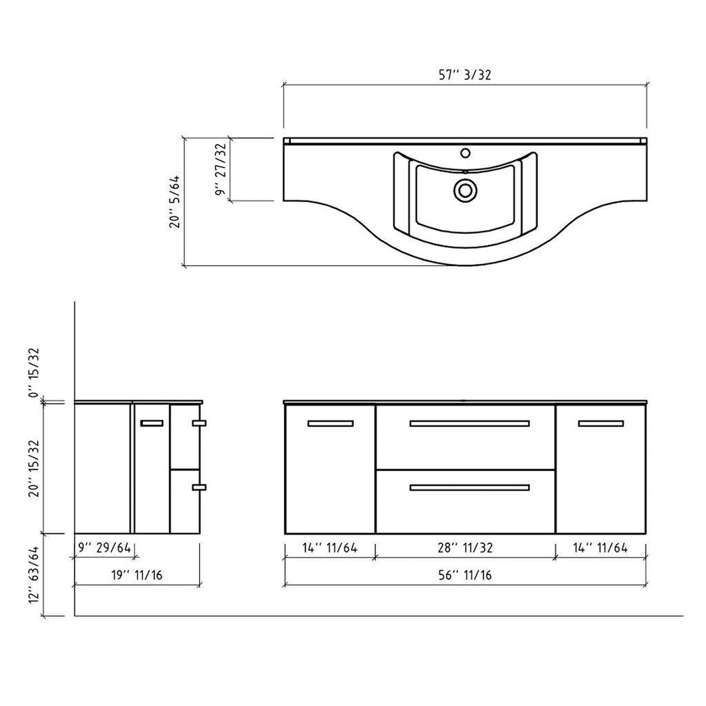 LaToscana Ameno 57" Black Wall-Mounted Vanity Set With Left & Right Concave Cabinets