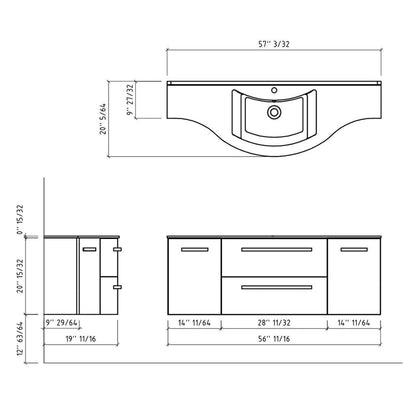 LaToscana Ameno 57" Red Wall-Mounted Vanity Set With Left & Right Concave Cabinets