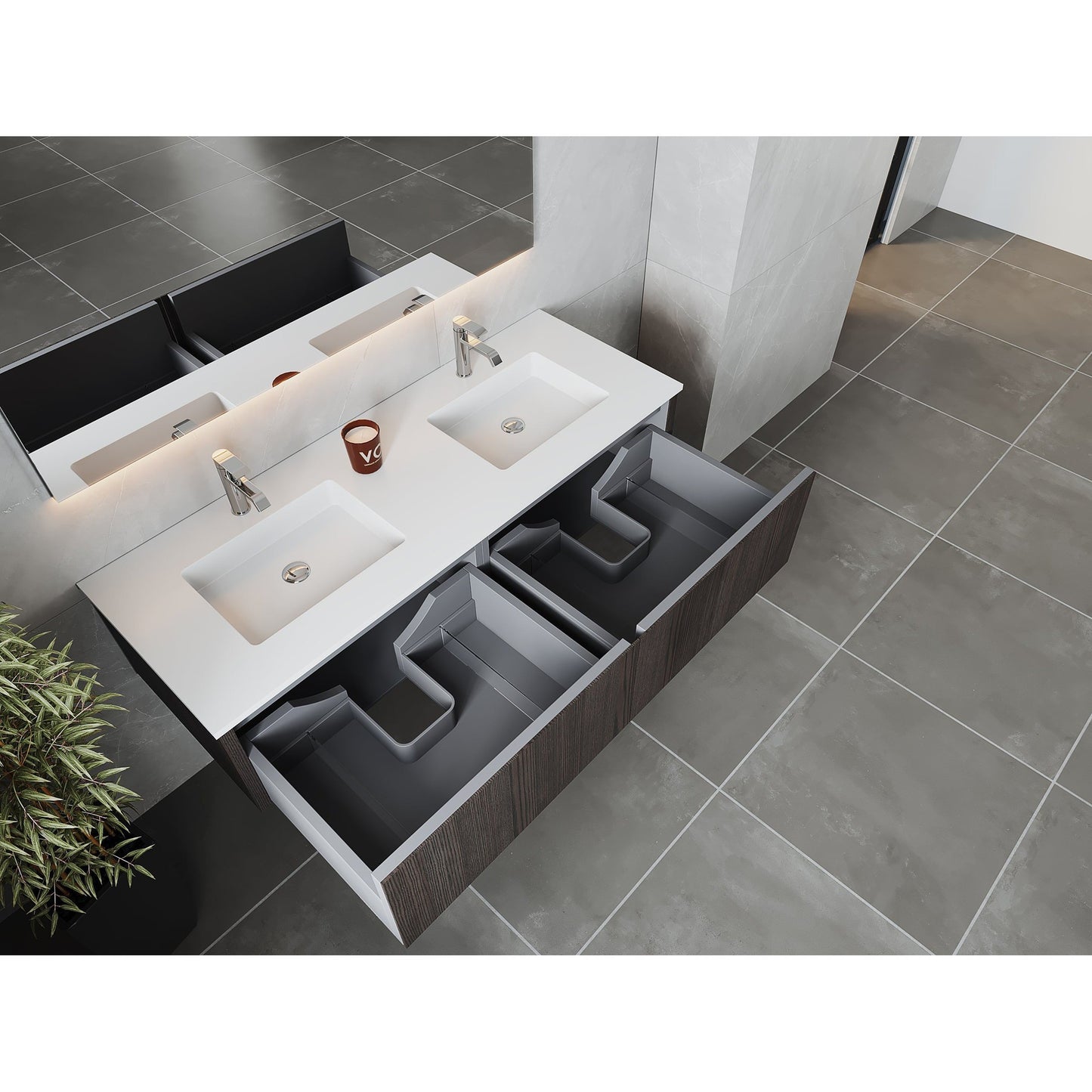 Laviva Legno 60" Carbon Oak Vanity Base and Matte White Solid Surface Countertop With Integrated Double Sink