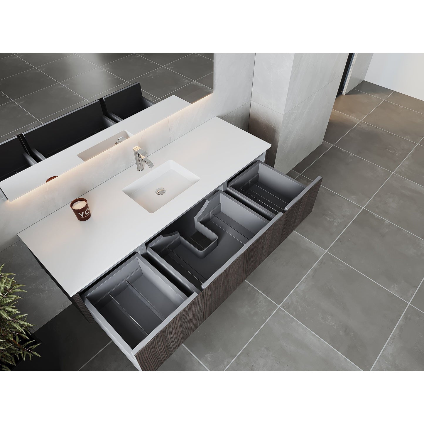 Laviva Legno 66" Carbon Oak Vanity Base and Matte White Solid Surface Countertop With Integrated Sink