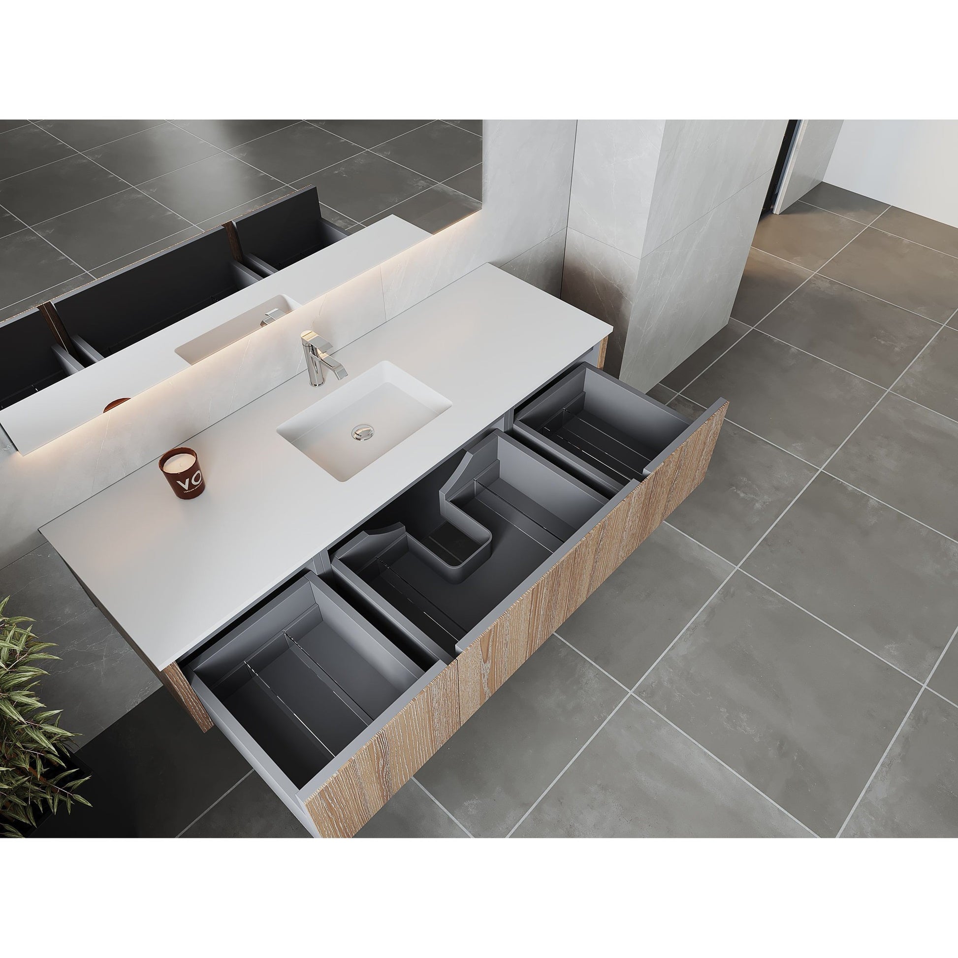Laviva Legno 66" Weathered Gray Vanity Base and Matte White Solid Surface Countertop With Integrated Sink