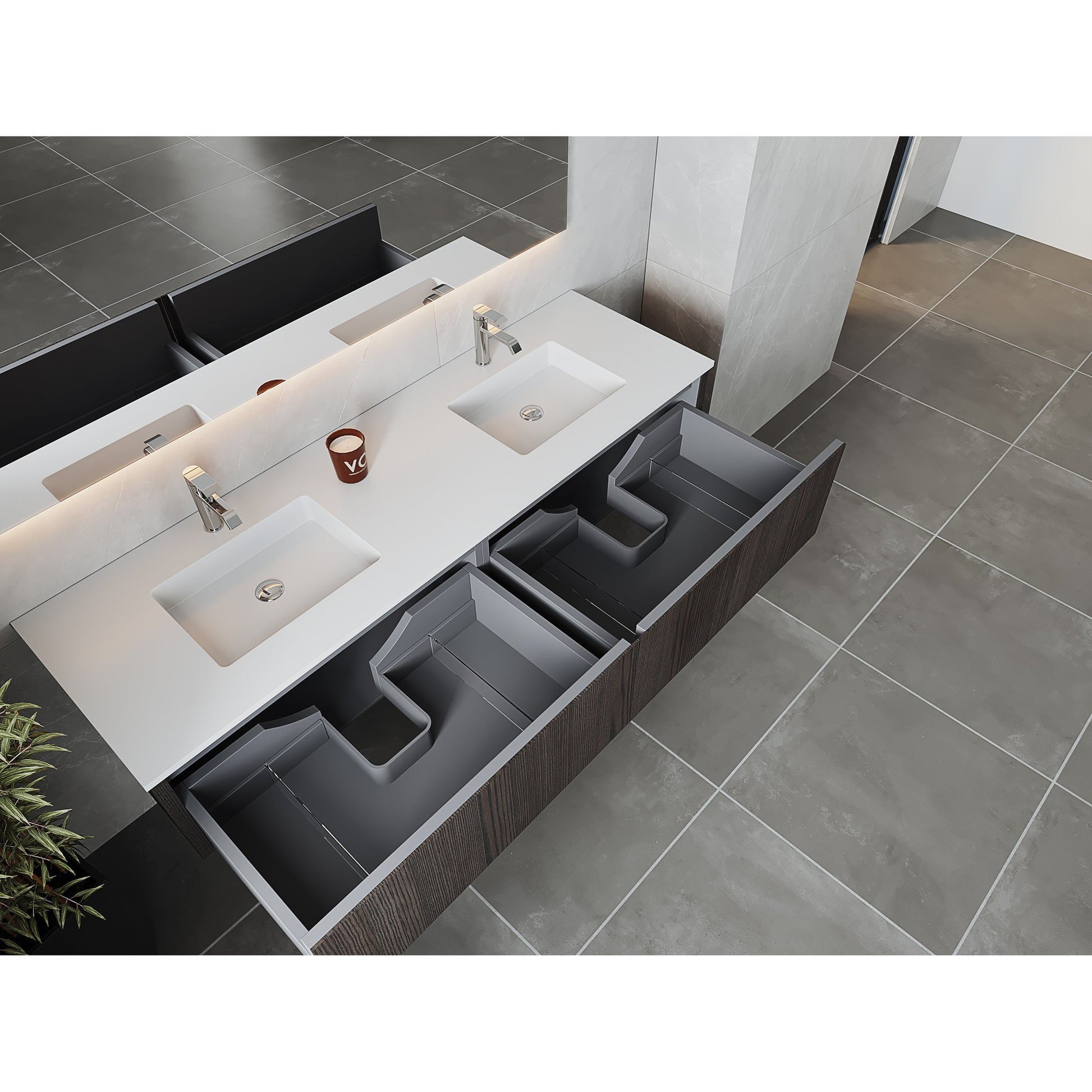 Laviva Legno 72" Carbon Oak Vanity Base and Matte White Solid Surface Countertop With Integrated Double Sink