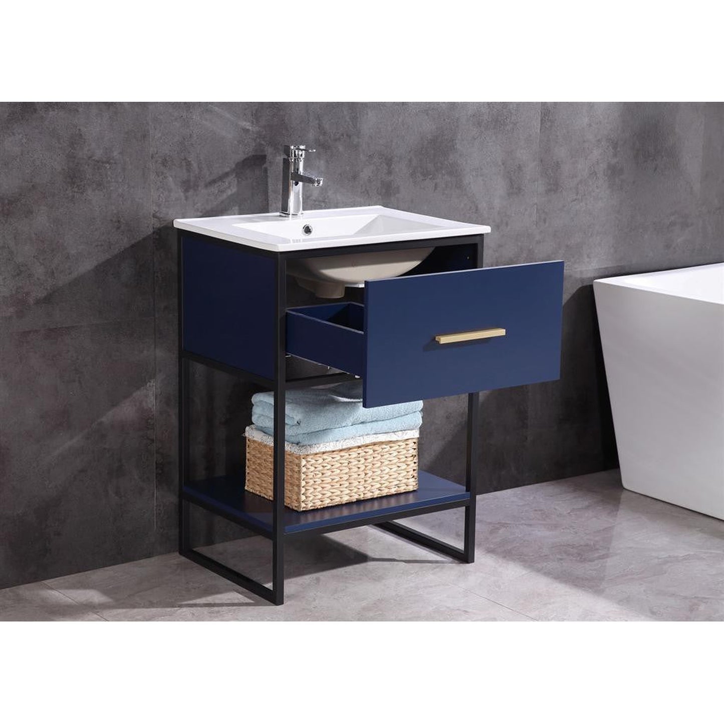 Legion Furniture 24" Blue Freestanding Black Metal Frame Vanity With Ceramic Top and Integrated Ceramic Sink