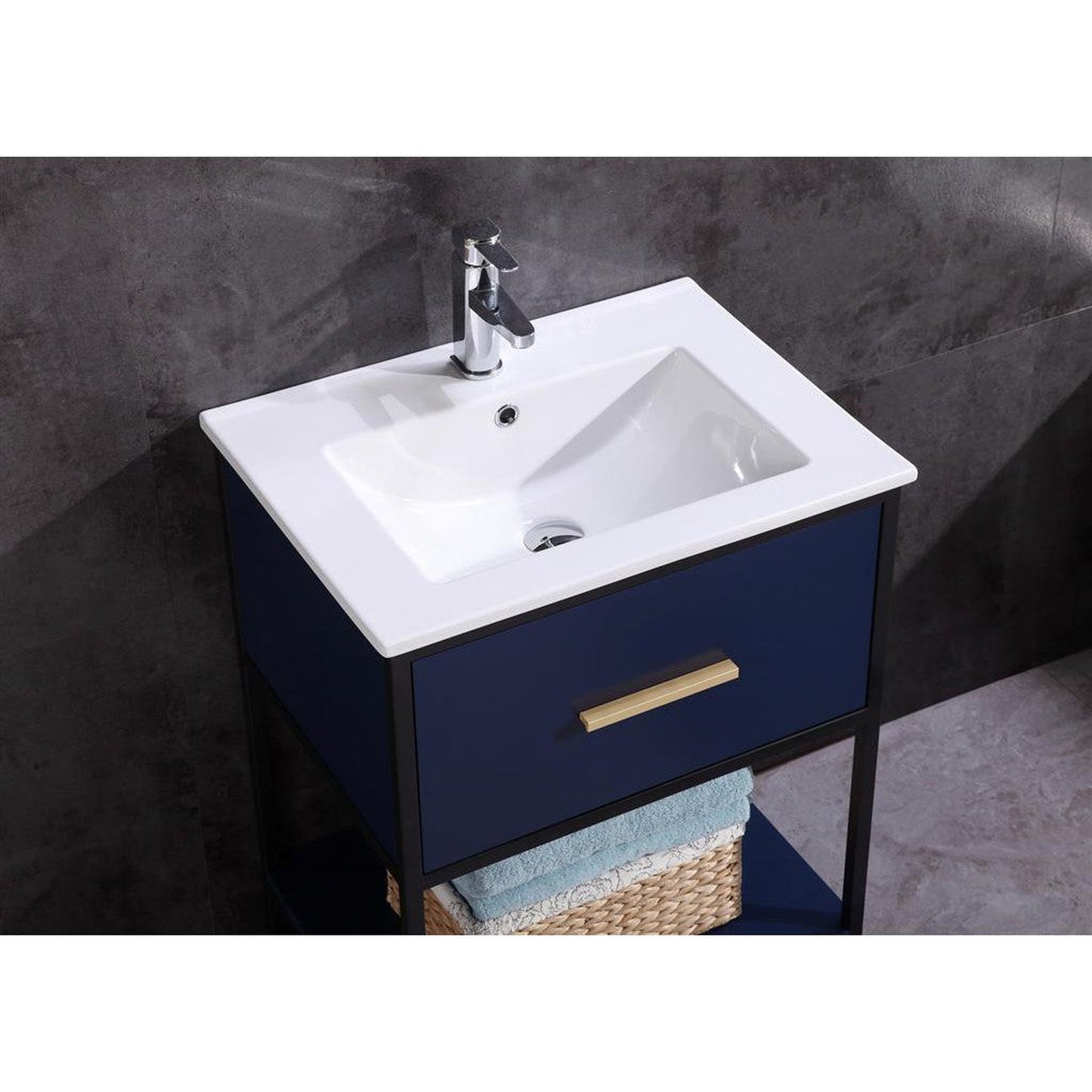 Legion Furniture 24" Blue Freestanding Black Metal Frame Vanity With Ceramic Top and Integrated Ceramic Sink