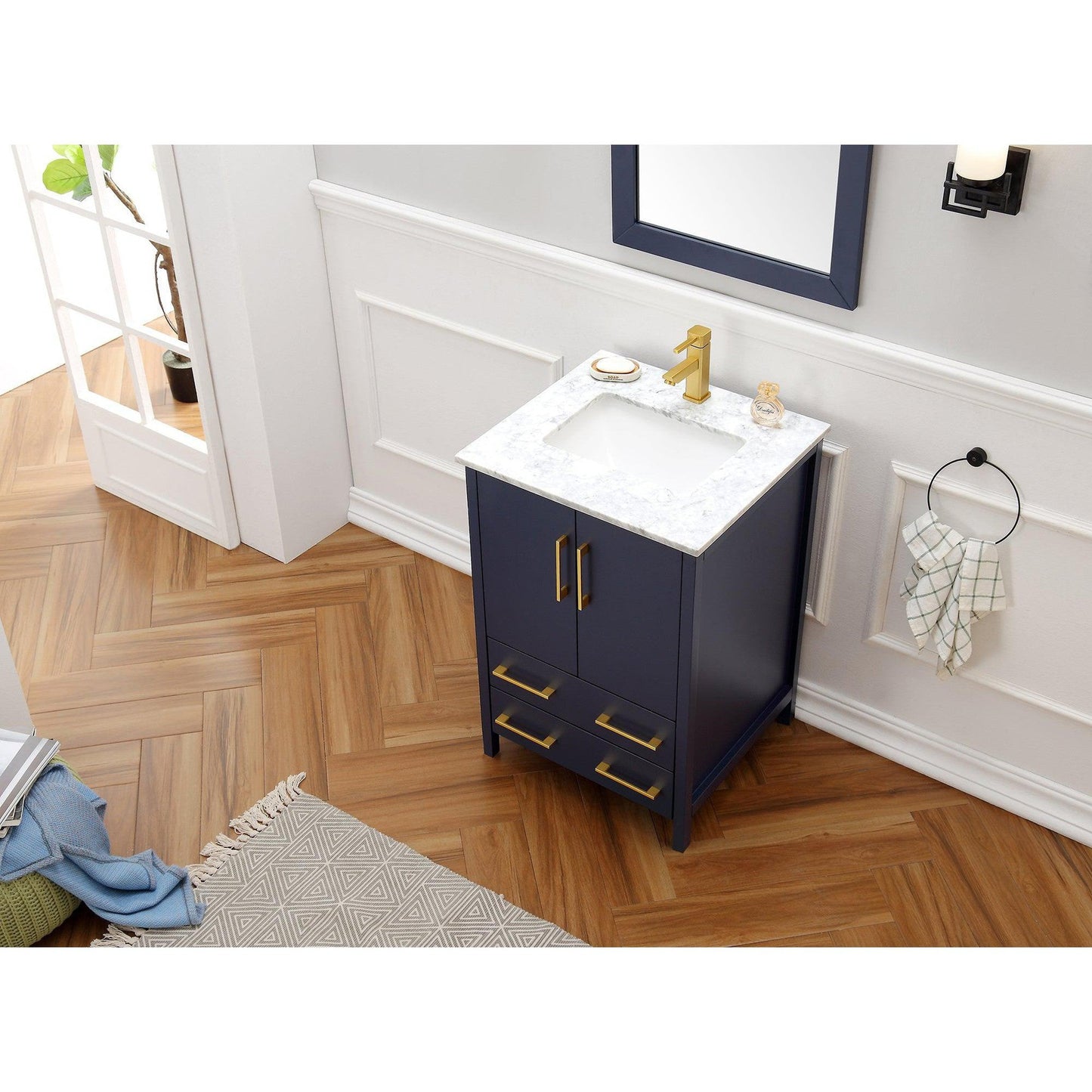 Legion Furniture 24" Blue Freestanding Vanity With Carrara White Marble Top, Ceramic Sink and Mirror