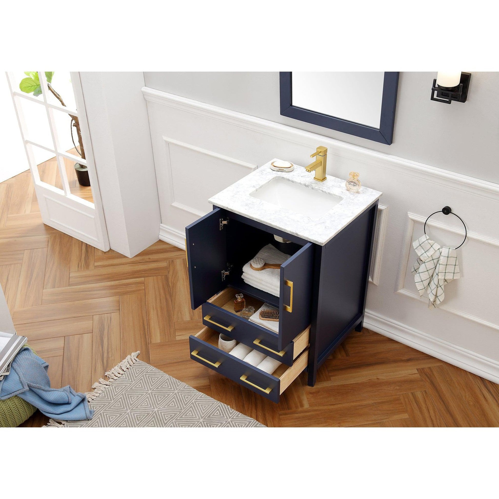 Legion Furniture 24" Blue Freestanding Vanity With Carrara White Marble Top, Ceramic Sink and Mirror