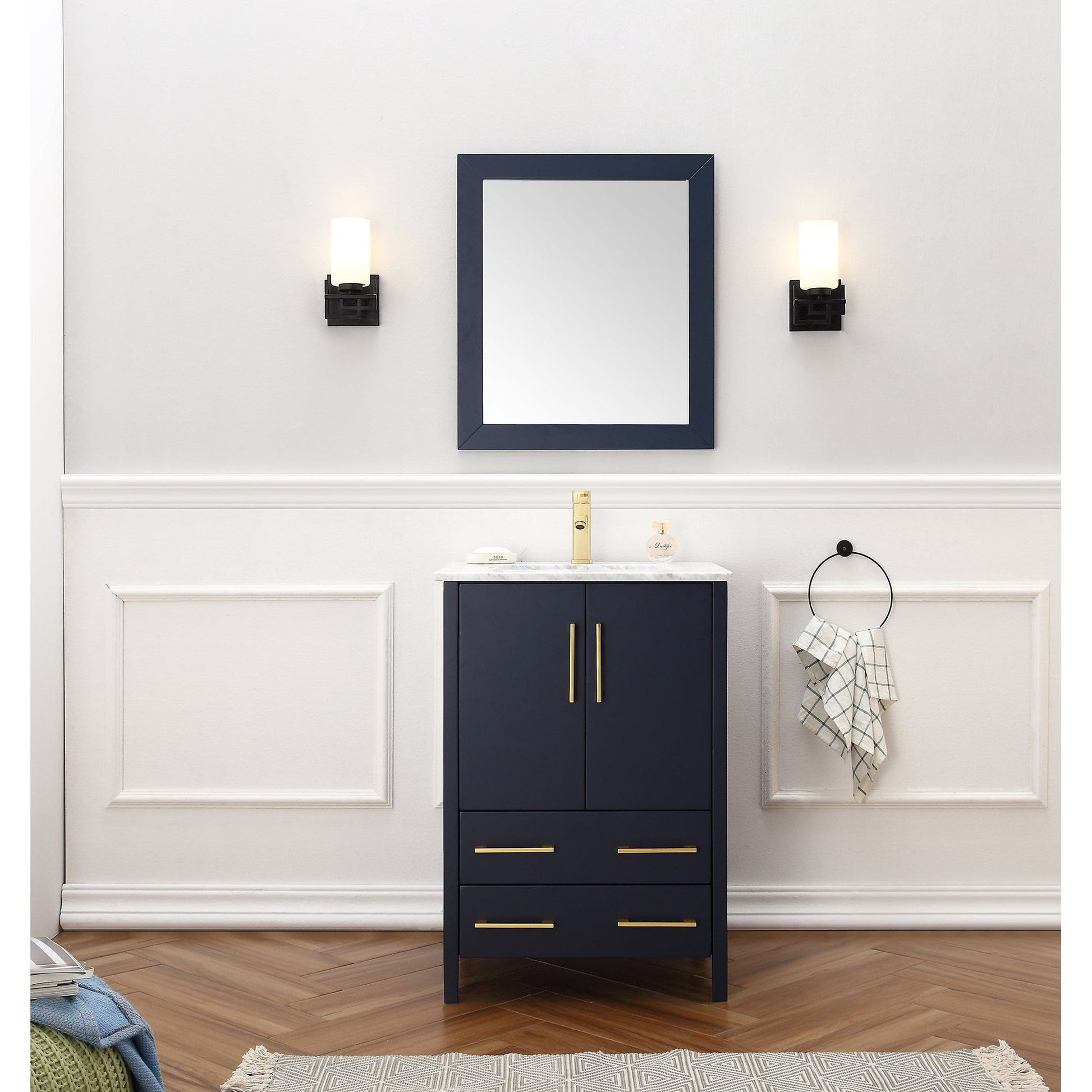 Legion Furniture 24" Blue Freestanding Vanity With Carrara White Marble Top, Ceramic Sink and Mirror