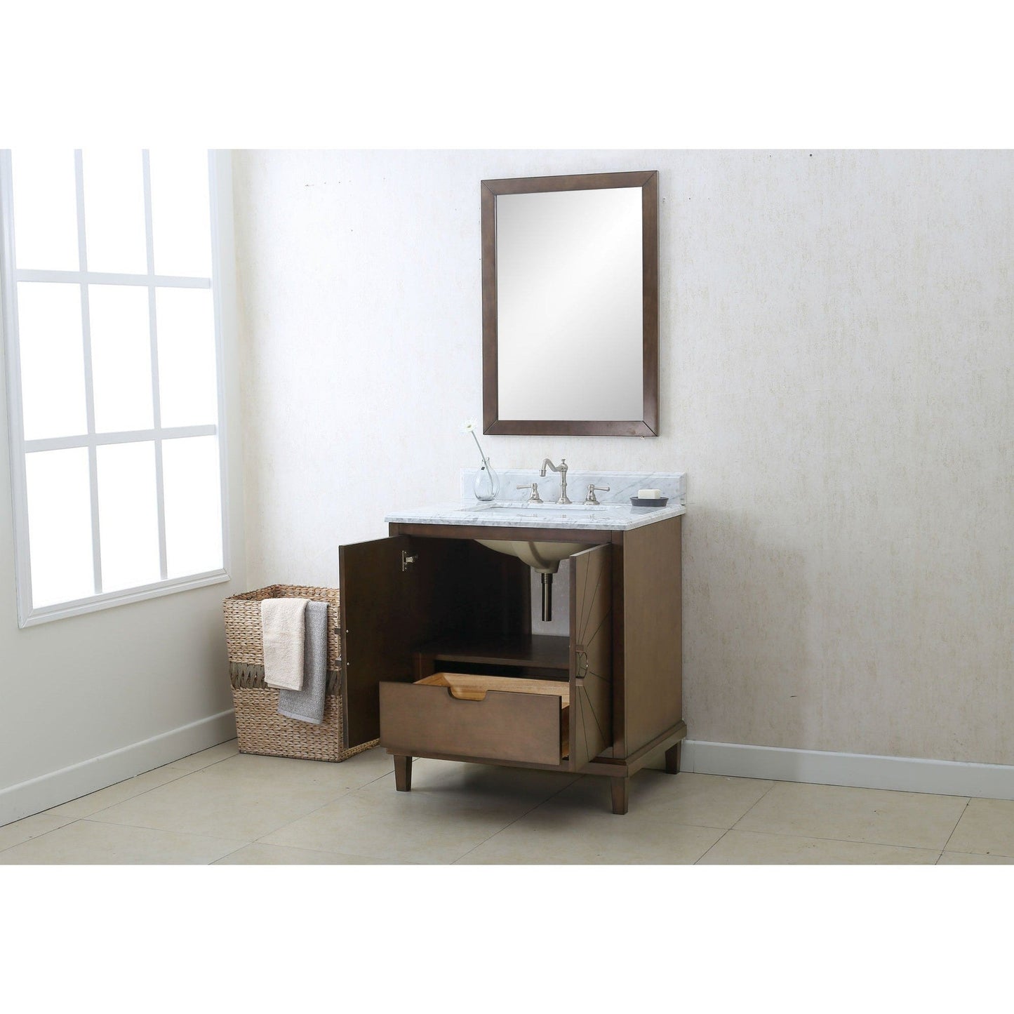 Legion Furniture 30" Antique Coffee Freestanding Vanity With Carrara White Marble Top and White Ceramic Sink