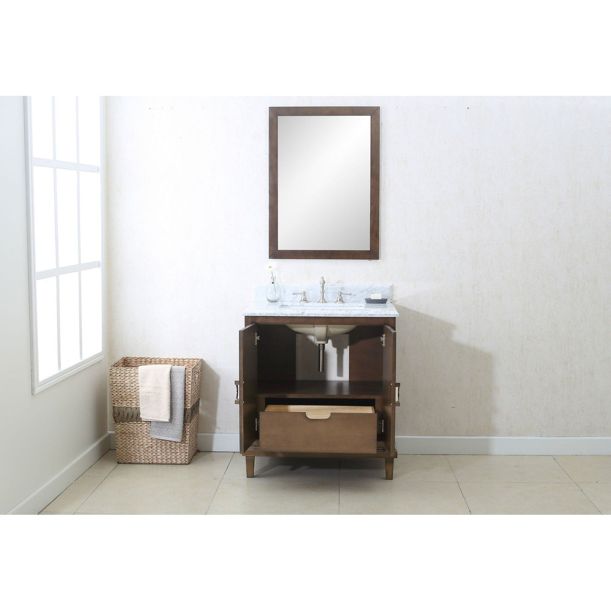 Legion Furniture 30" Antique Coffee Freestanding Vanity With Carrara White Marble Top and White Ceramic Sink