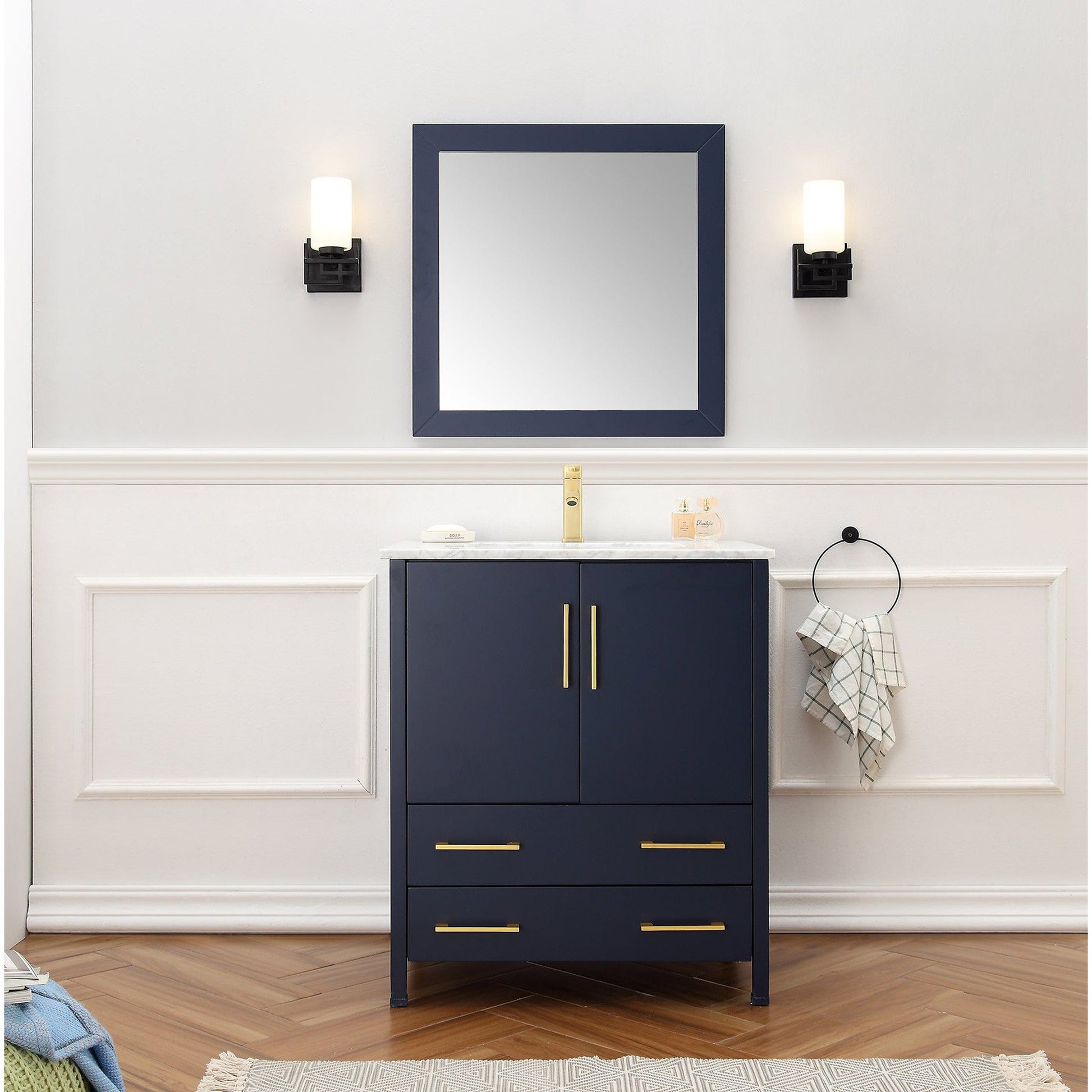 Legion Furniture 30" Blue Freestanding Vanity With Carrara White Marble Top, Ceramic Sink and Mirror