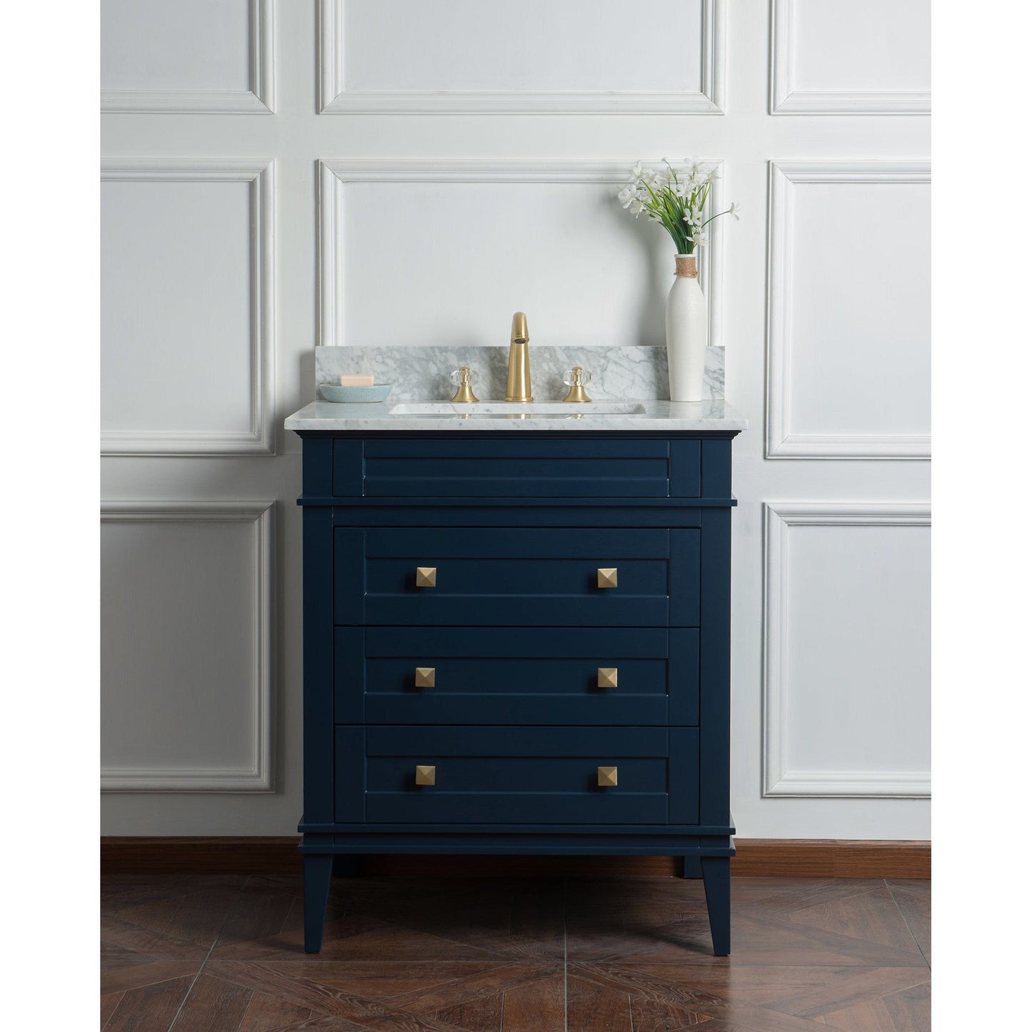 Legion Furniture 30" Navy Blue Freestanding Vanity With Carrara White Marble Top and White Ceramic Sink