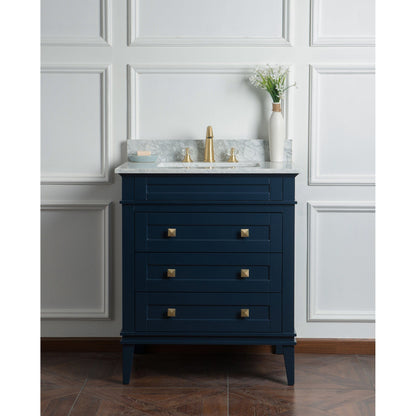 Legion Furniture 30" Navy Blue Freestanding Vanity With Carrara White Marble Top and White Ceramic Sink