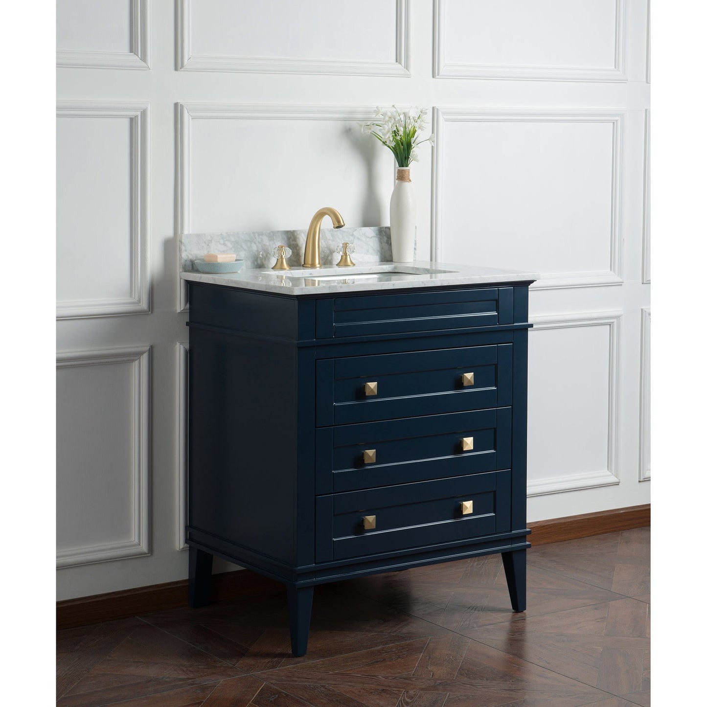 Legion Furniture 30" Navy Blue Freestanding Vanity With Carrara White Marble Top and White Ceramic Sink