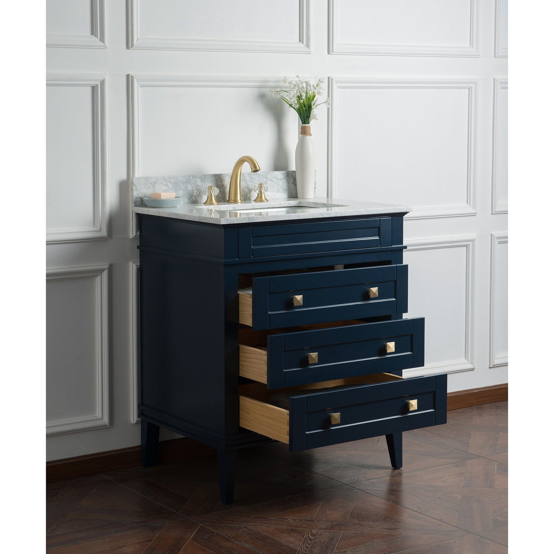 Legion Furniture 30" Navy Blue Freestanding Vanity With Carrara White Marble Top and White Ceramic Sink