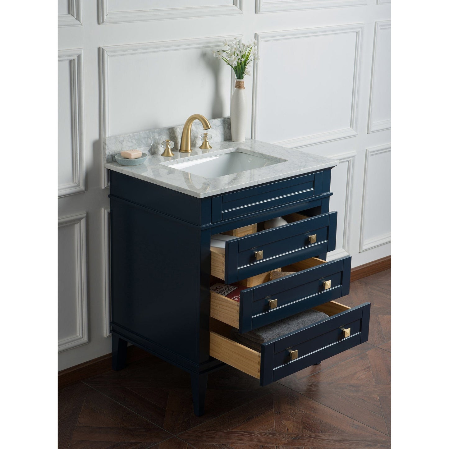 Legion Furniture 30" Navy Blue Freestanding Vanity With Carrara White Marble Top and White Ceramic Sink