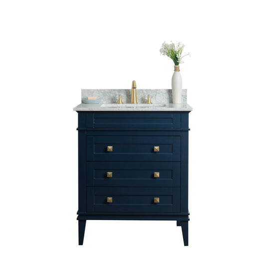 Legion Furniture 30" Navy Blue Freestanding Vanity With Carrara White Marble Top and White Ceramic Sink
