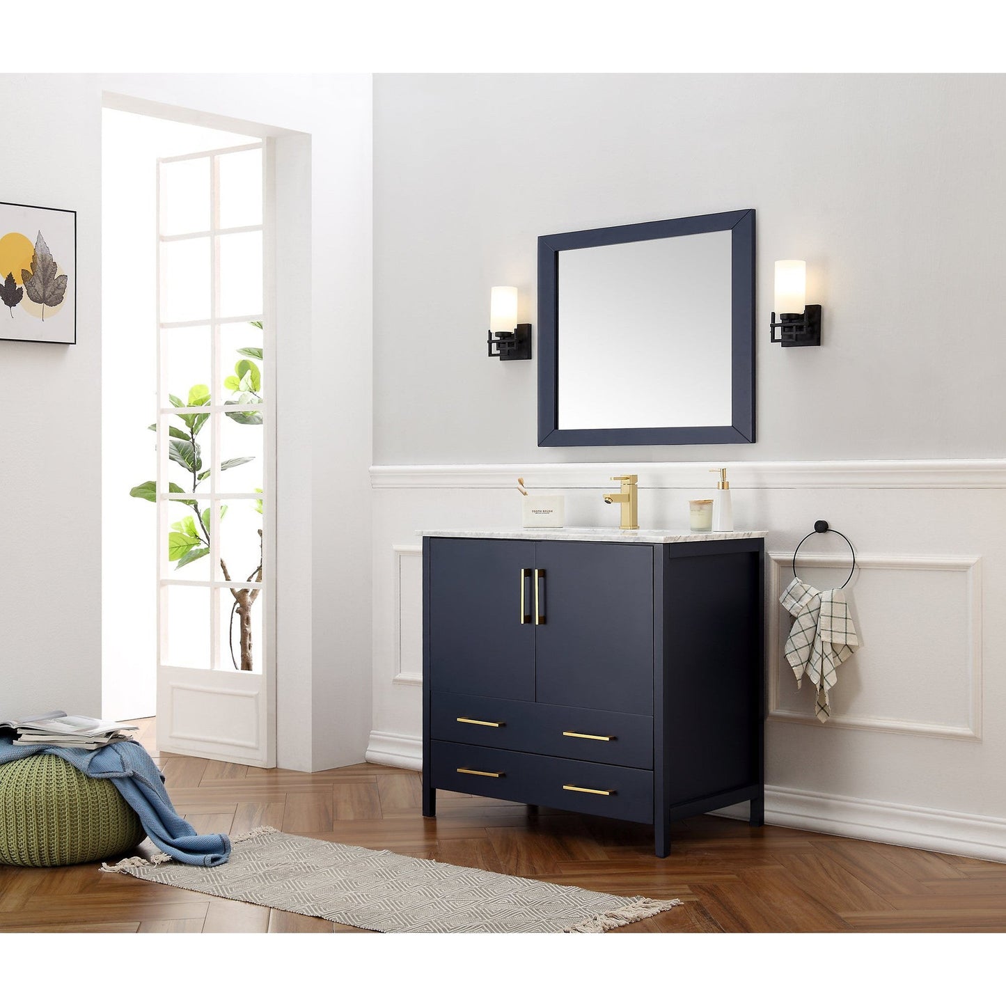 Legion Furniture 36" Blue Freestanding Vanity With Carrara White Marble Top, Ceramic Sink and Mirror