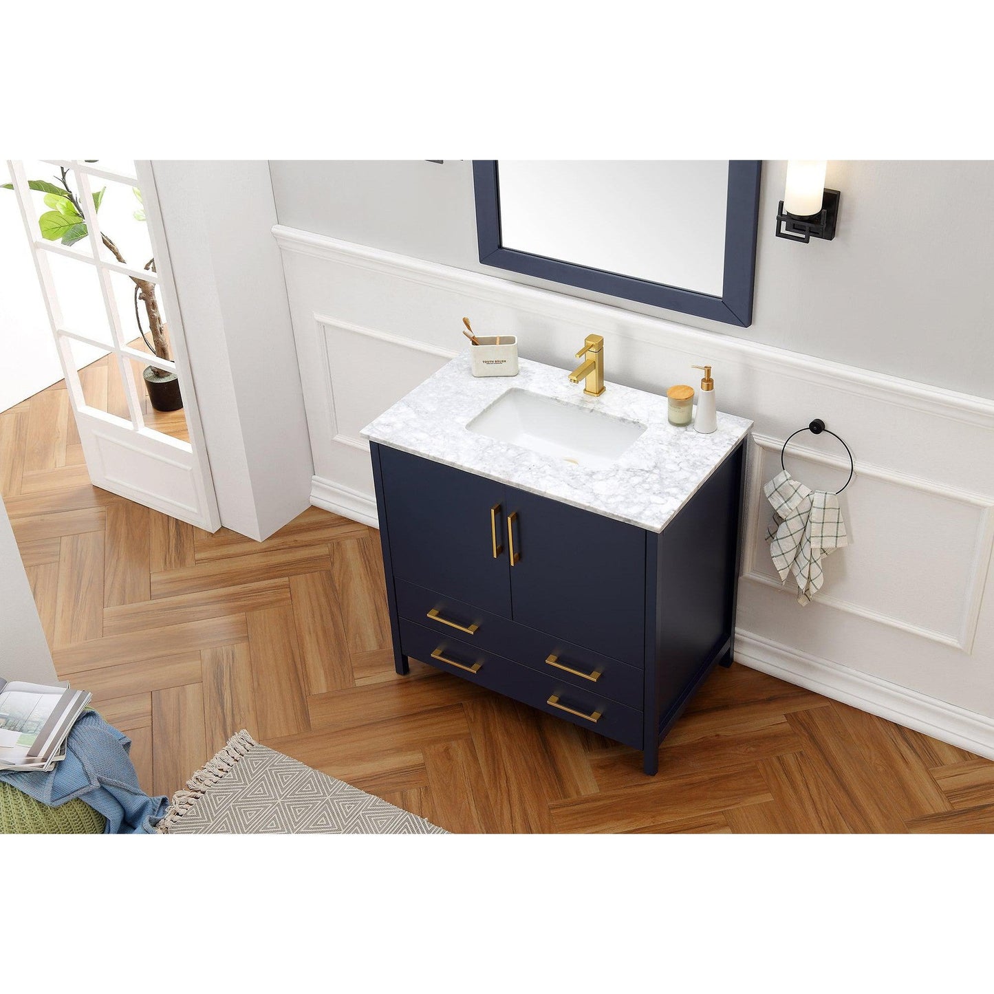 Legion Furniture 36" Blue Freestanding Vanity With Carrara White Marble Top, Ceramic Sink and Mirror