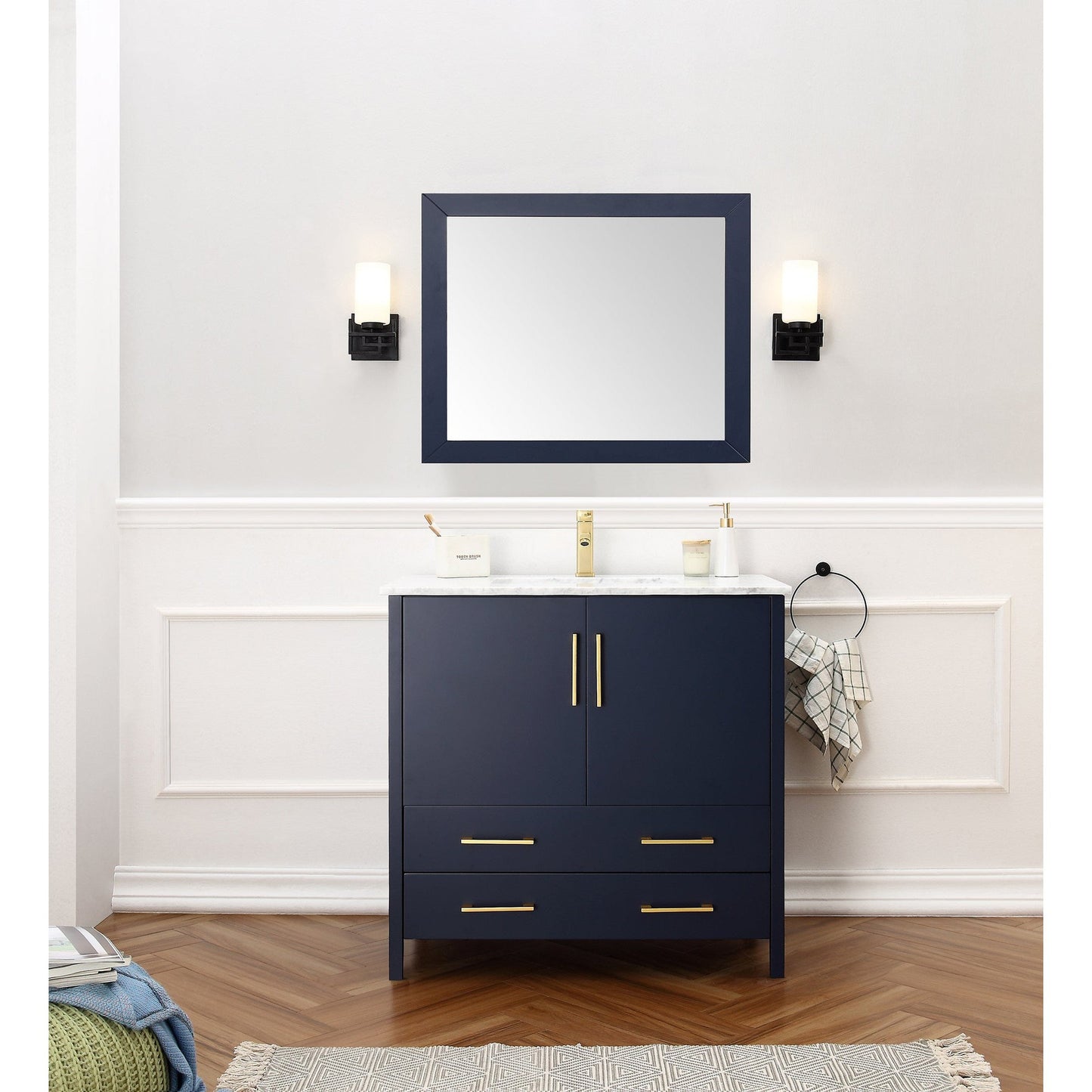 Legion Furniture 36" Blue Freestanding Vanity With Carrara White Marble Top, Ceramic Sink and Mirror