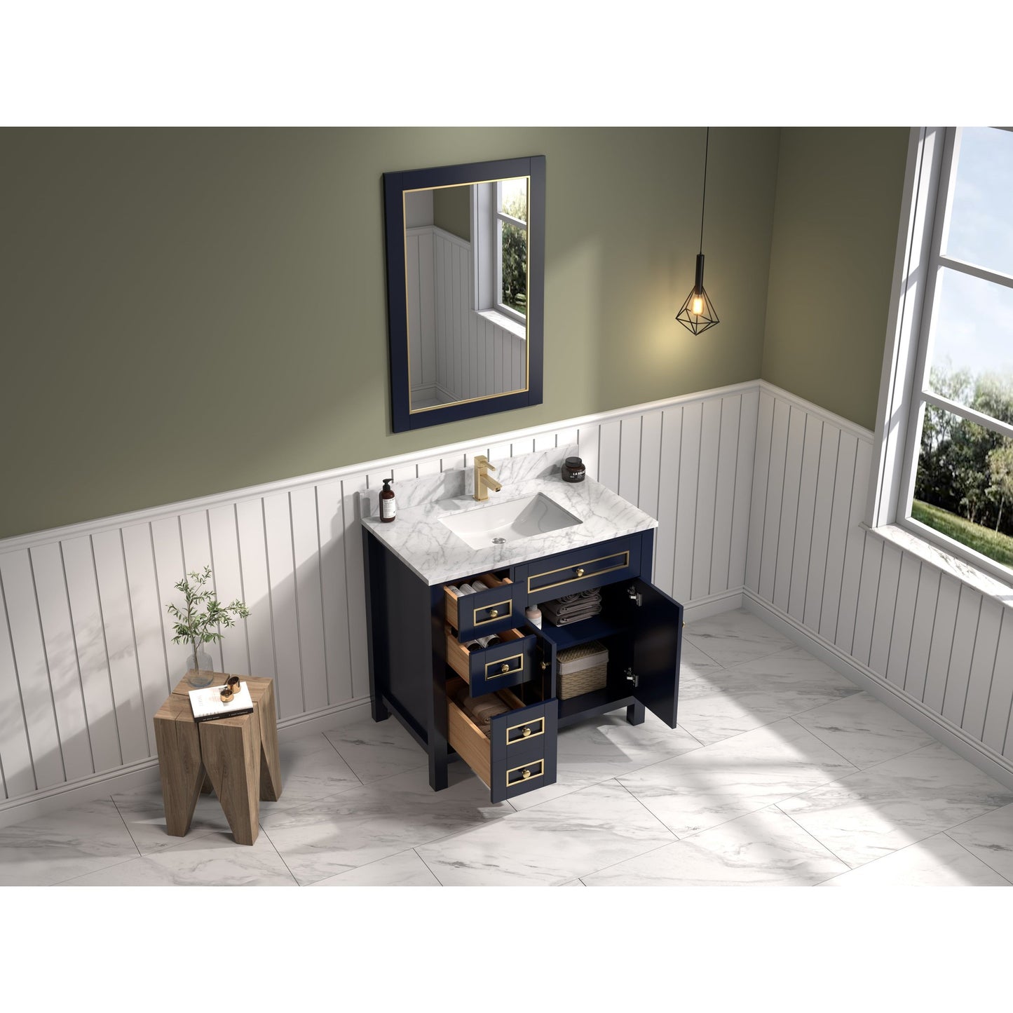 Legion Furniture 36" Blue Freestanding Vanity With White Marble Top and Single White Ceramic Sink