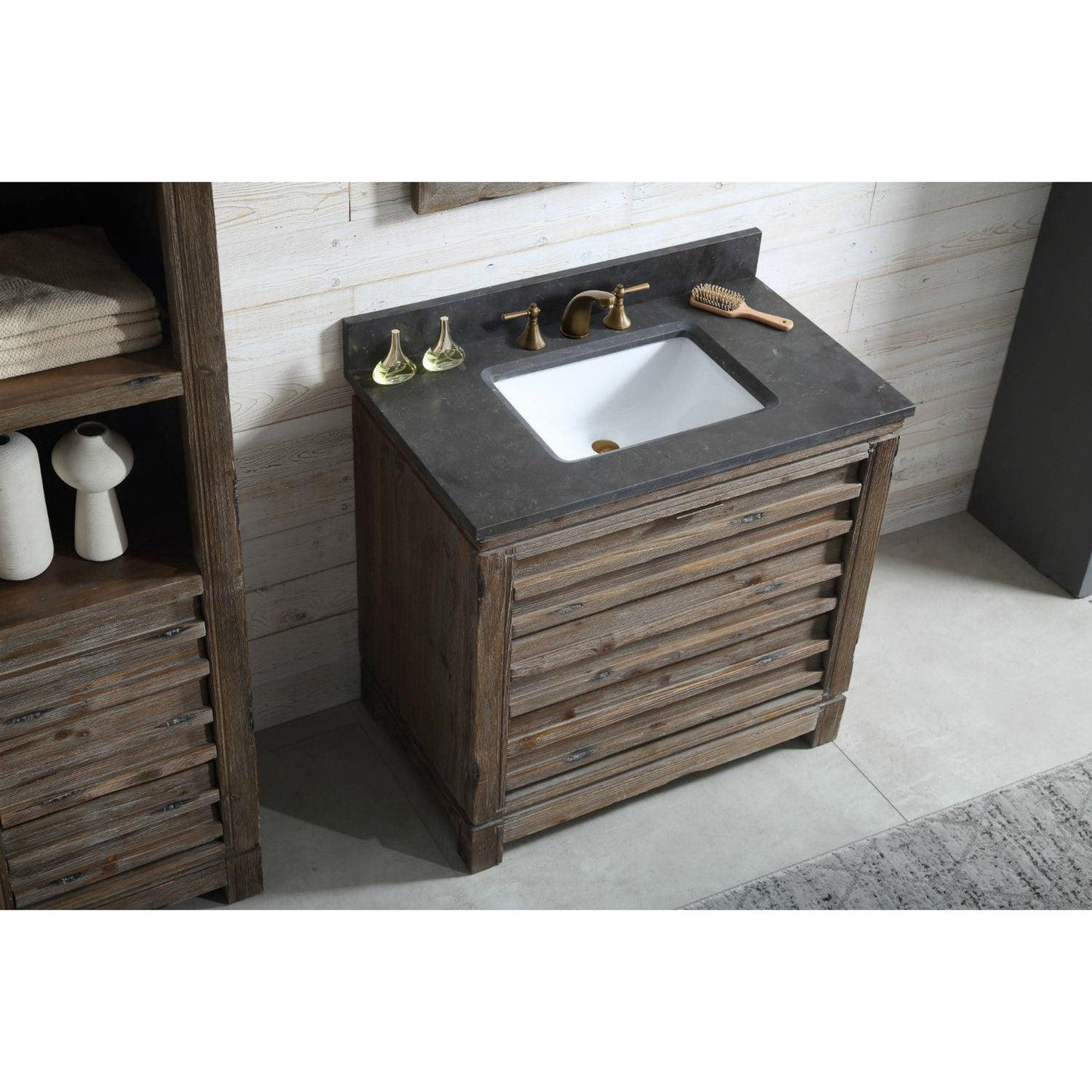 Legion Furniture 36" Brown Rustic Freestanding Vanity With Moon Stone Top, Backsplash and White Ceramic Sink