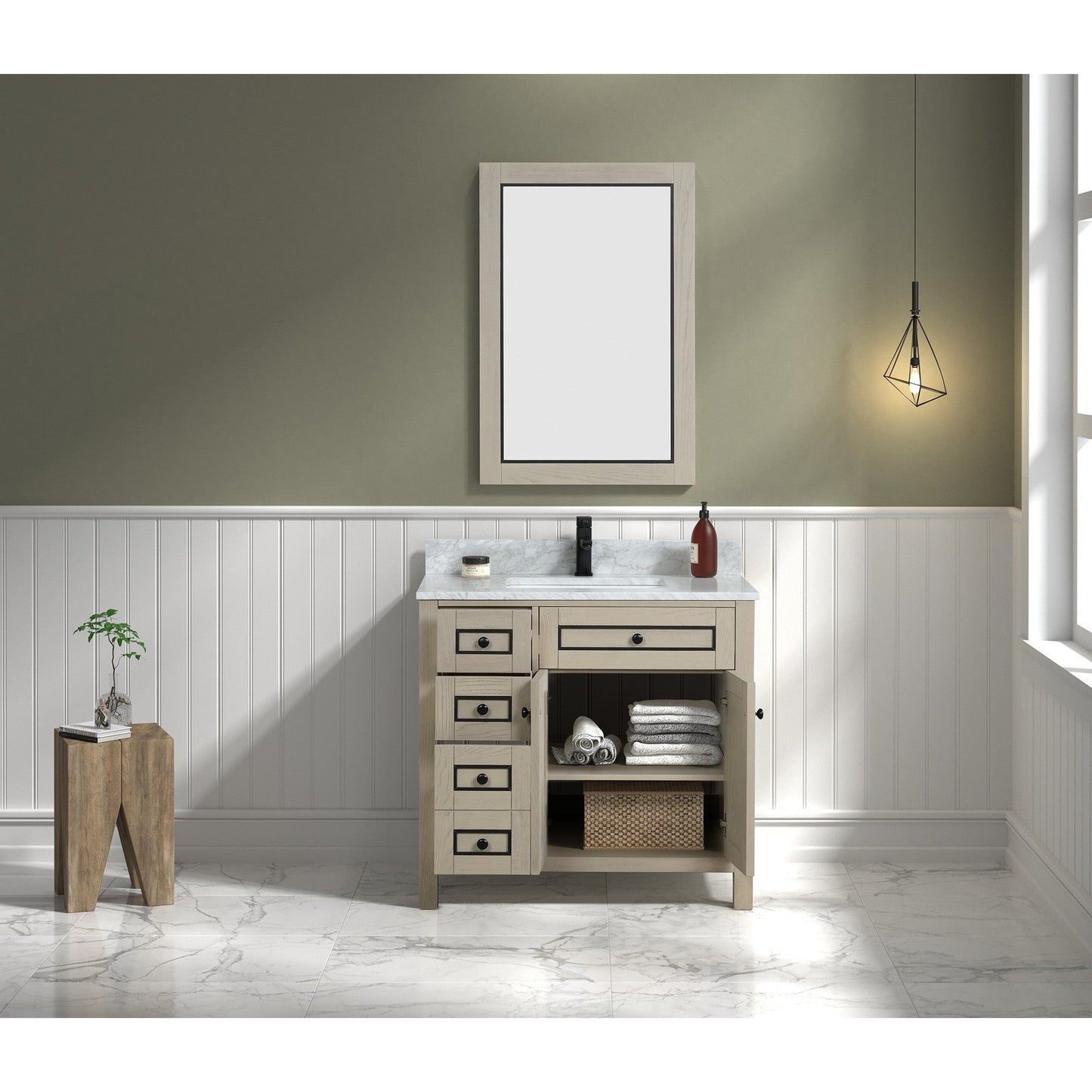 Legion Furniture 36" Light Oak Freestanding Vanity With White Marble Top and Single White Ceramic Sink