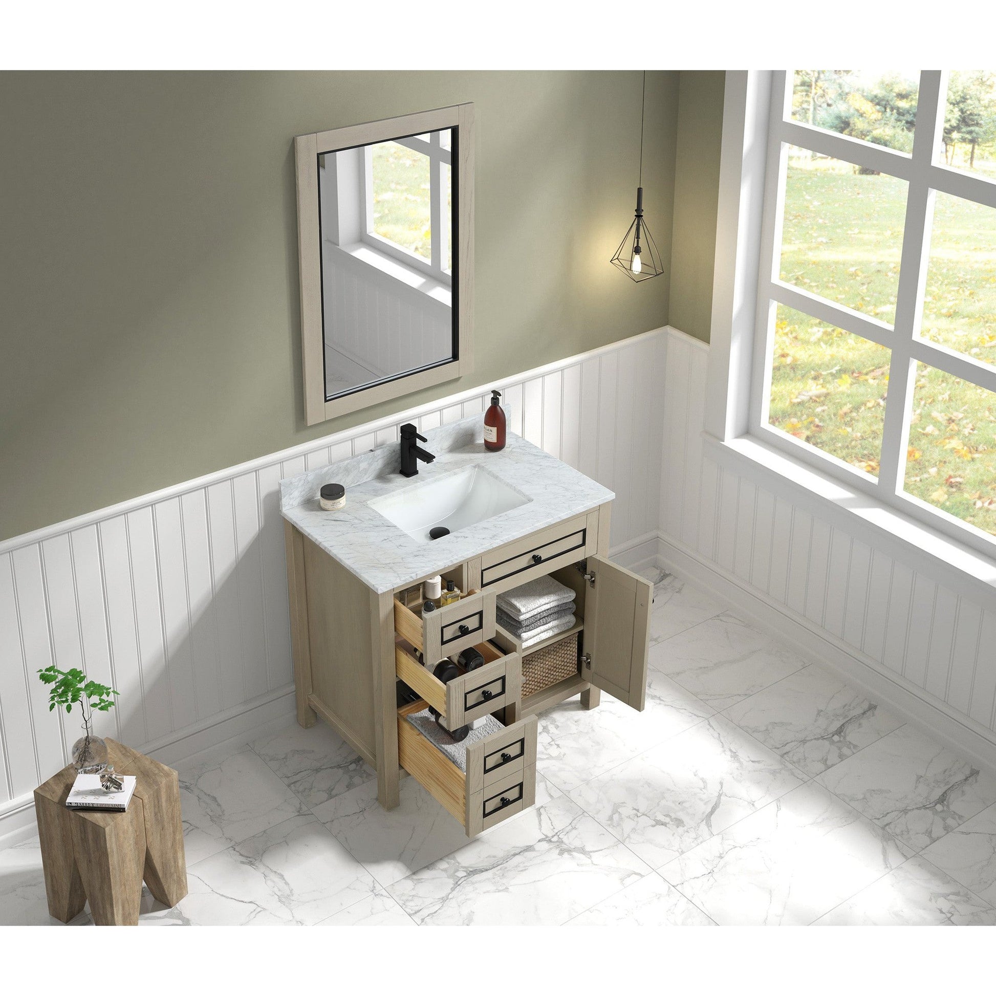 Legion Furniture 36" Light Oak Freestanding Vanity With White Marble Top and Single White Ceramic Sink