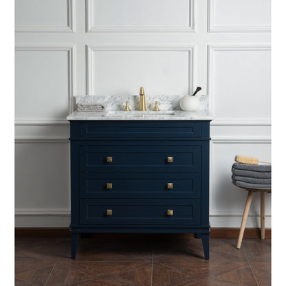 Legion Furniture 36" Navy Blue Freestanding Vanity With Carrara White Marble Top and White Ceramic Sink