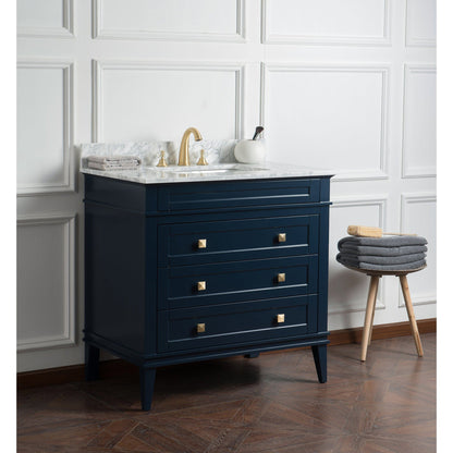 Legion Furniture 36" Navy Blue Freestanding Vanity With Carrara White Marble Top and White Ceramic Sink