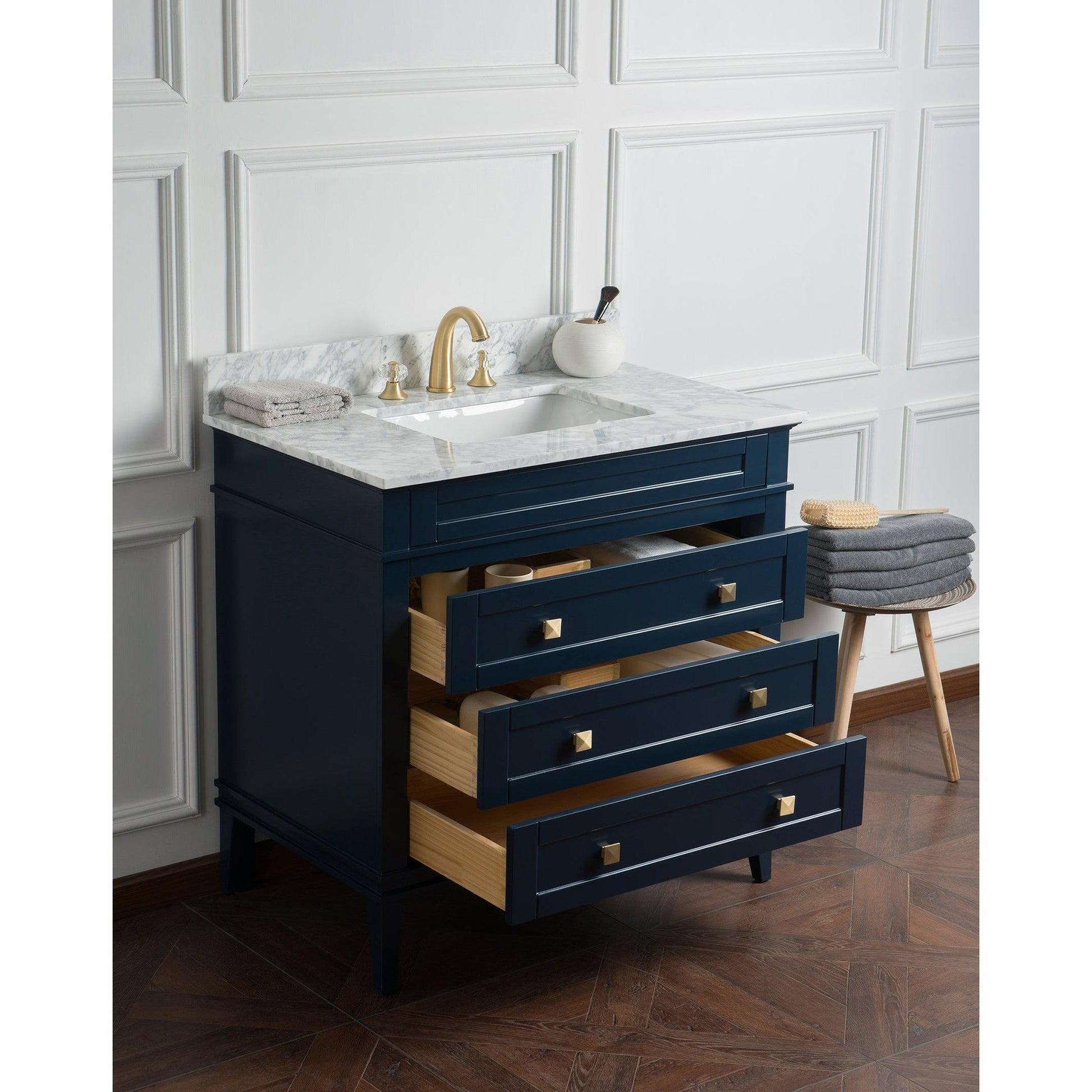 Legion Furniture 36" Navy Blue Freestanding Vanity With Carrara White Marble Top and White Ceramic Sink