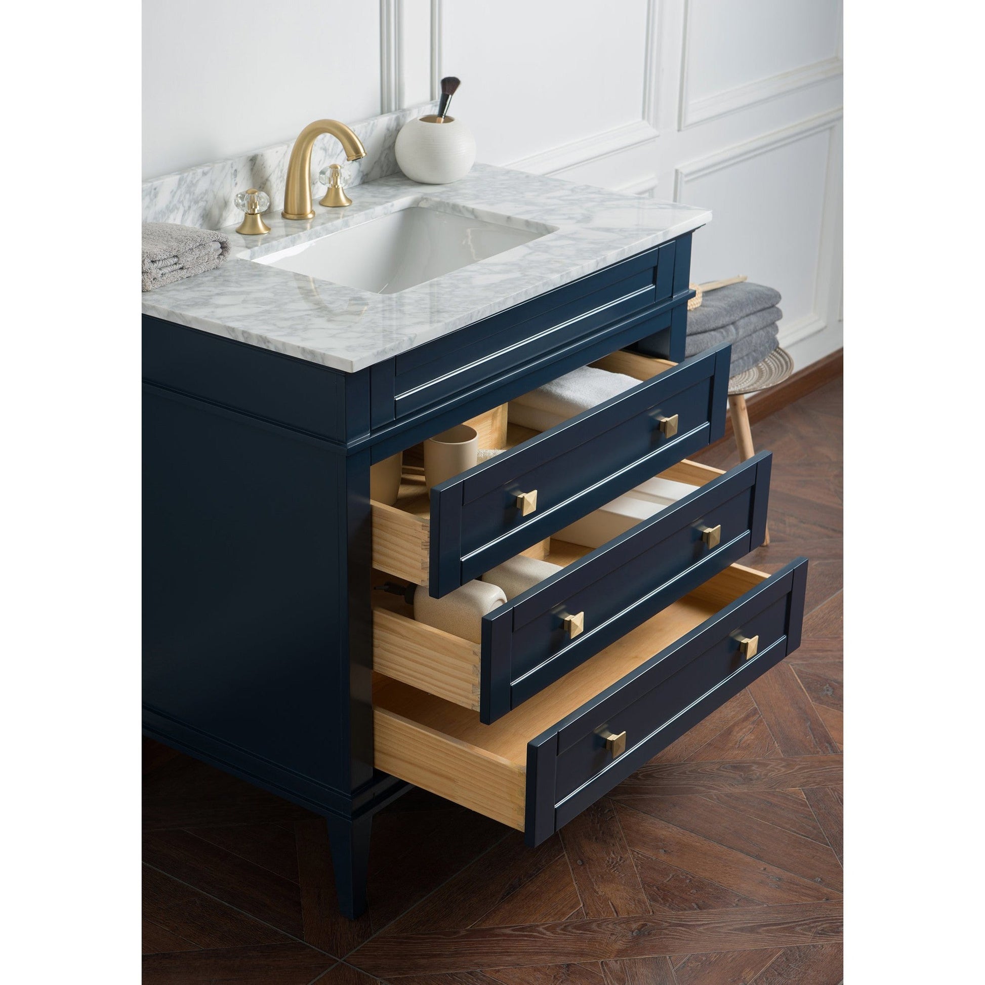 Legion Furniture 36" Navy Blue Freestanding Vanity With Carrara White Marble Top and White Ceramic Sink